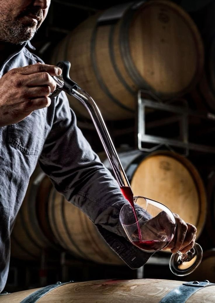 Homme versant du vin rouge dans un verre à l'aide d'une pipette, avec des fûts de chêne en arrière-plan.