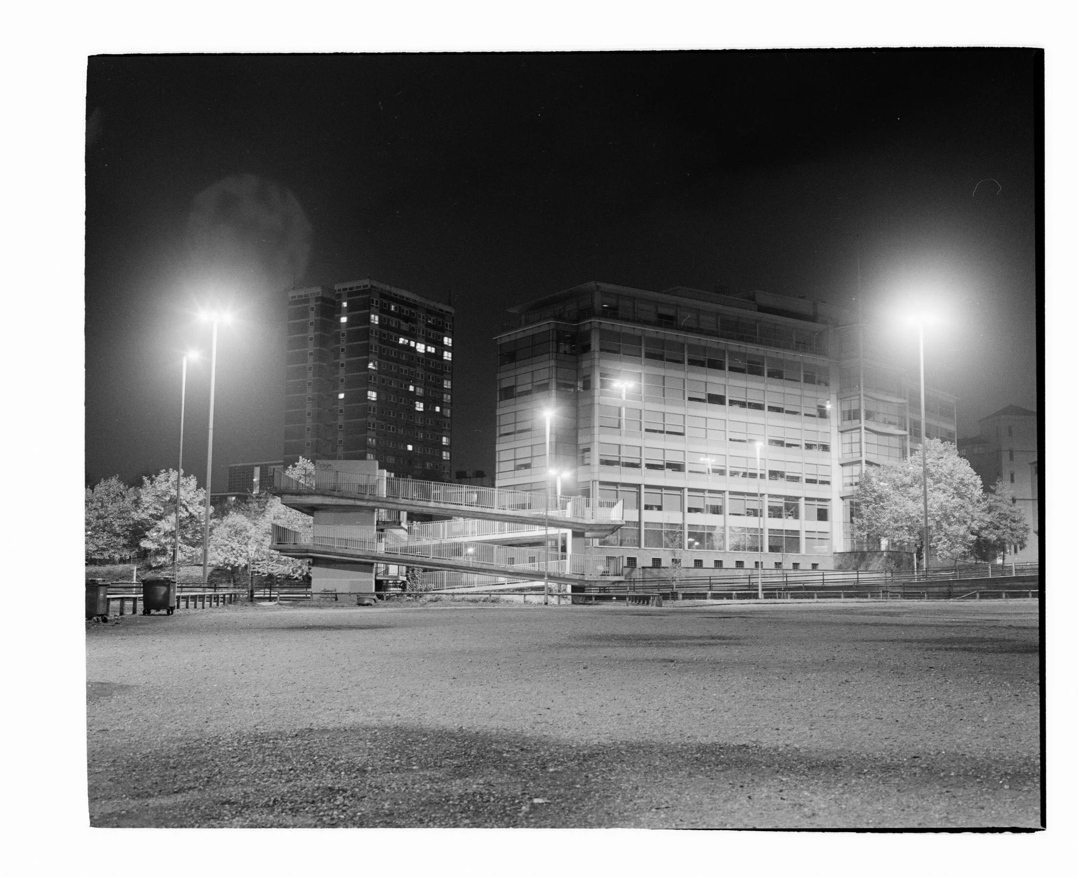 Night scene of city buildings illuminated by streetlights, with a few trees at the bottom and a starry sky above.