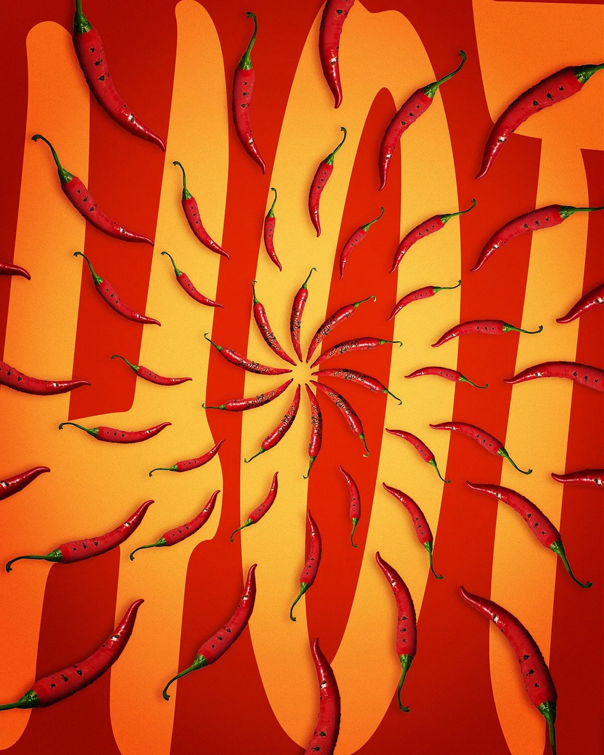 Dramatic close-up of vivid orange and red chili peppers arranged against a bold matching background, strong directional lighting emphasizing color and graphic shape