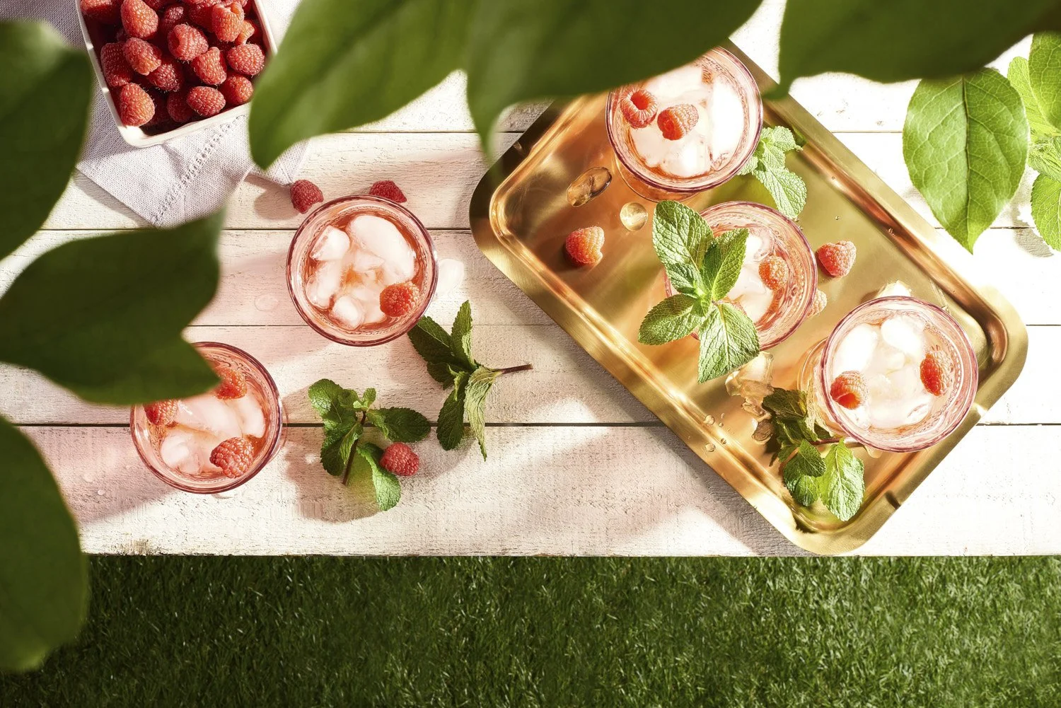 Overhead flat lay of two cocktail glasses with ice and citrus garnish on a gold tray, surrounded by fresh green leaves on a bright grass surface