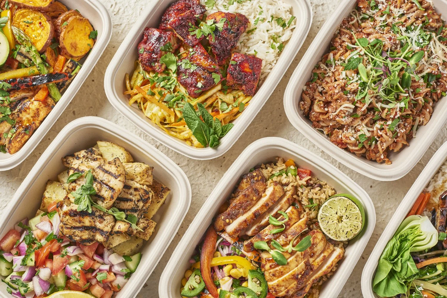 Bird's-eye view of multiple meal prep containers filled with grains, roasted vegetables, and sliced proteins, arranged in a grid on a neutral surface