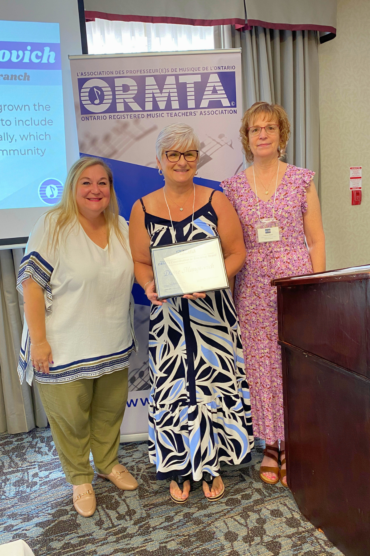 OCTA Recipient Diane Manojlovich, with ORMTA Board Chair Tania Granata, and OCTA/Pedagogy Convenor Patricia Baker.