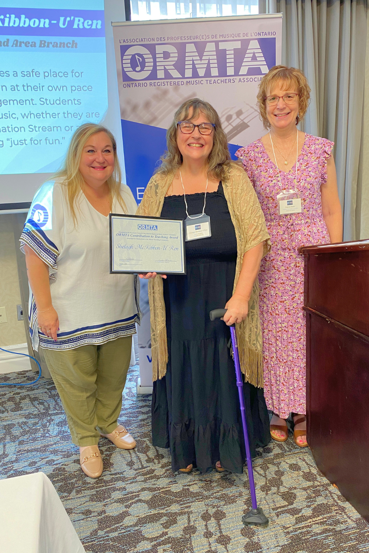 OCTA Recipient Shelagh McKibbon-U'Ren, with ORMTA Board Chair Tania Granata, and OCTA/Pedagogy Convenor Patricia Baker.