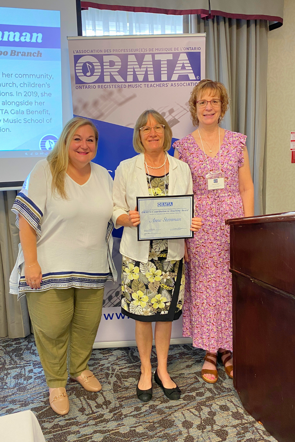 OCTA Recipient Anne Steinman, with ORMTA Board Chair Tania Granata, and OCTA/Pedagogy Convenor Patricia Baker.