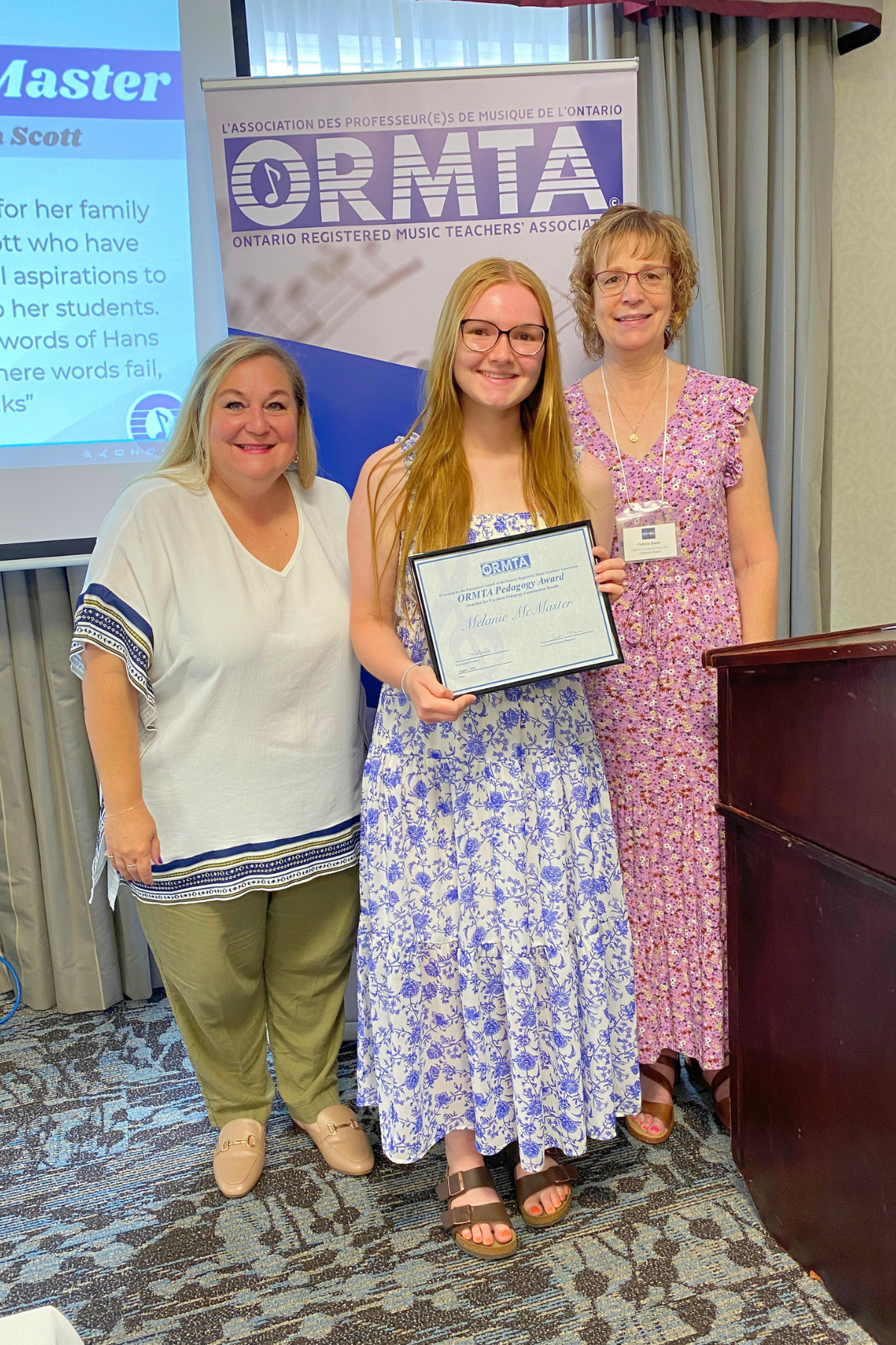 Pedagogy Award Recipient Melanie McMaster, with ORMTA Board Chair Tania Granata, and OCTA/Pedagogy Convenor Patricia Baker.