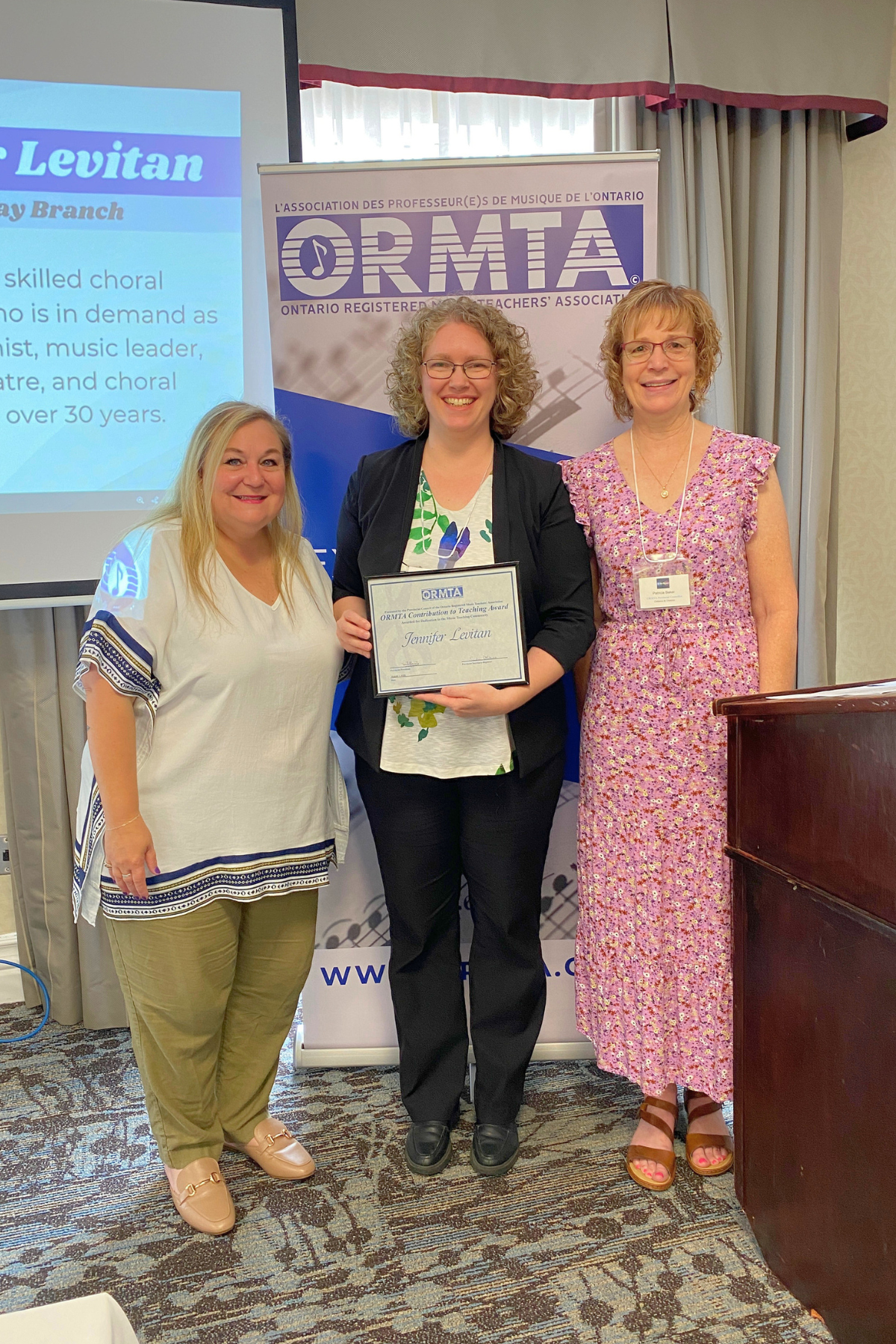 OCTA Recipient Jennifer Levitan, with ORMTA Board Chair Tania Granata, and OCTA/Pedagogy Convenor Patricia Baker.