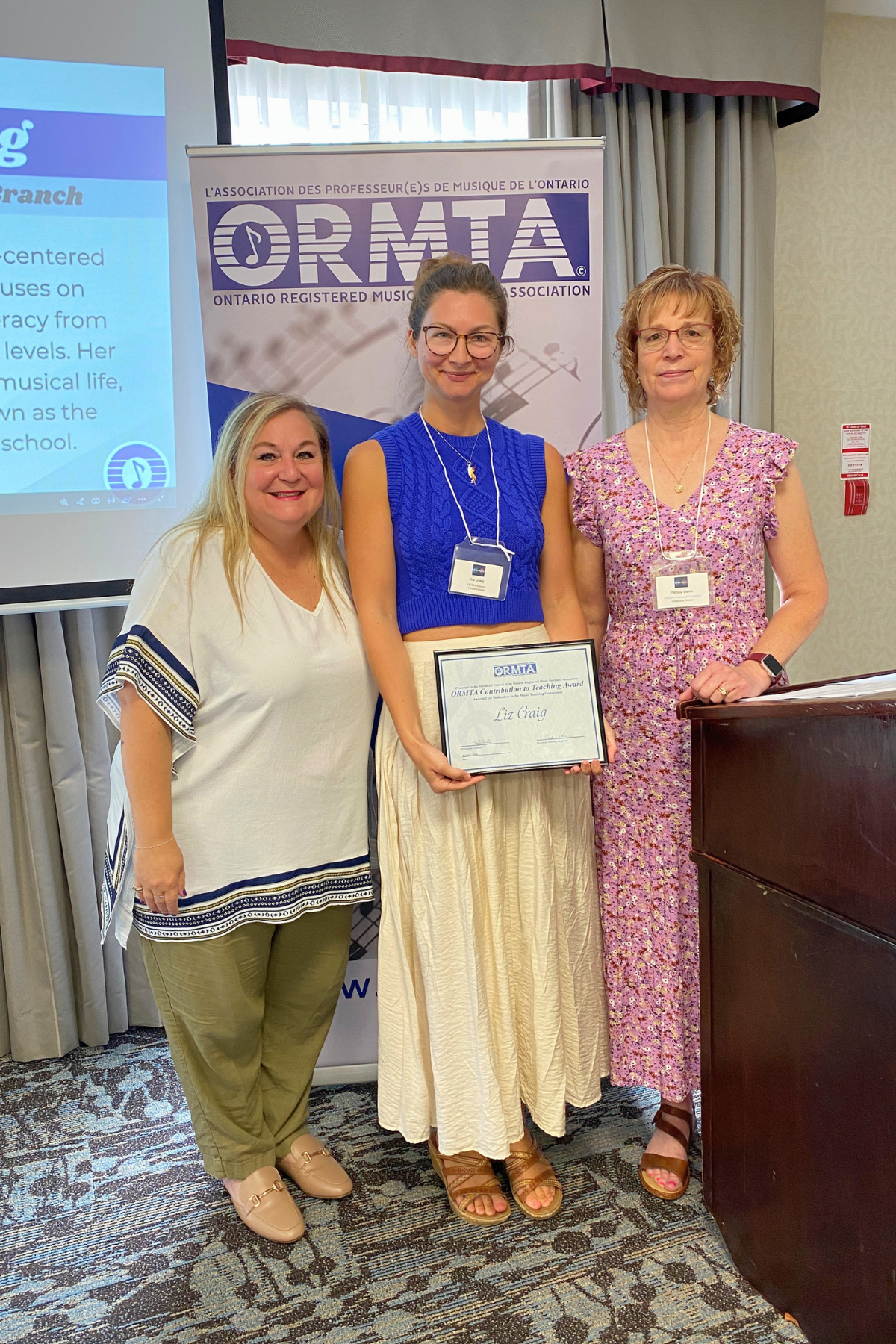 OCTA Recipient Liz Craig, with ORMTA Board Chair Tania Granata, and OCTA/Pedagogy Convenor Patricia Baker.