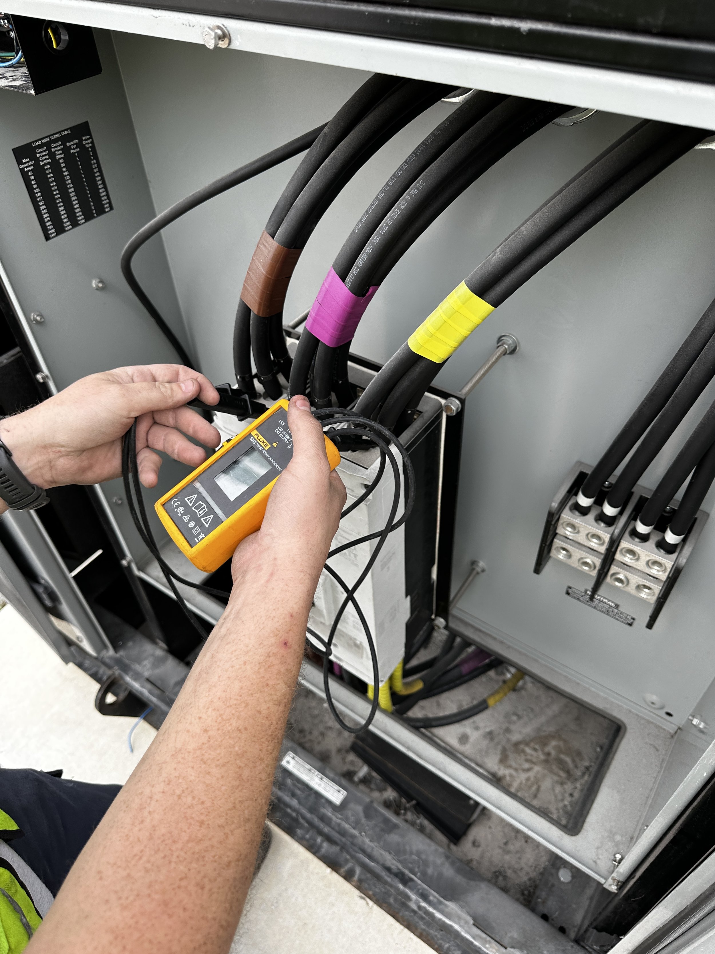 Electrical technician testing or inspecting electrical cables inside an electrical panel using a digital multimeter.