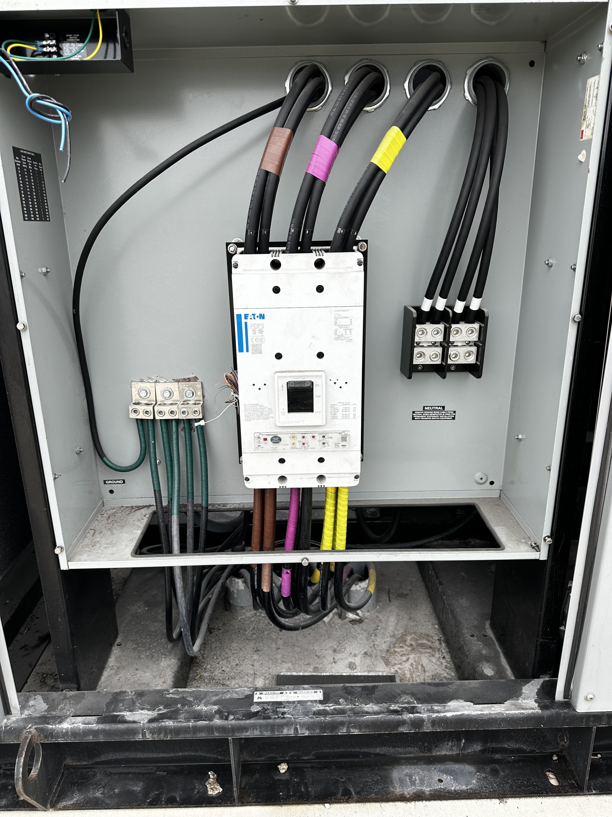 Electrical panel with various black, brown, pink, and yellow cables connected to a white circuit breaker and terminal blocks inside a metallic enclosure.