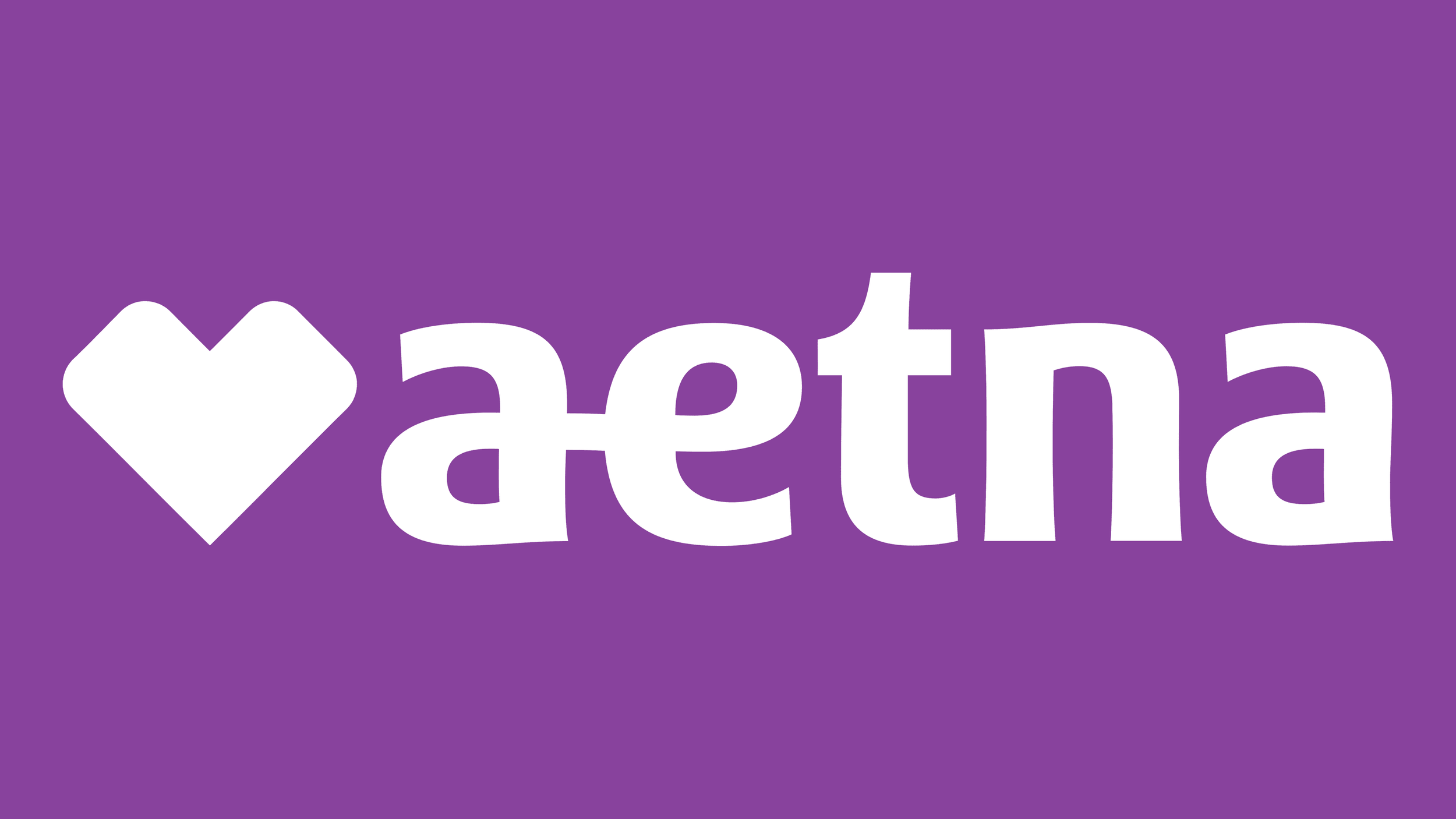 Purple background with white heart symbol followed by the word 'aetna' in lowercase letters.
