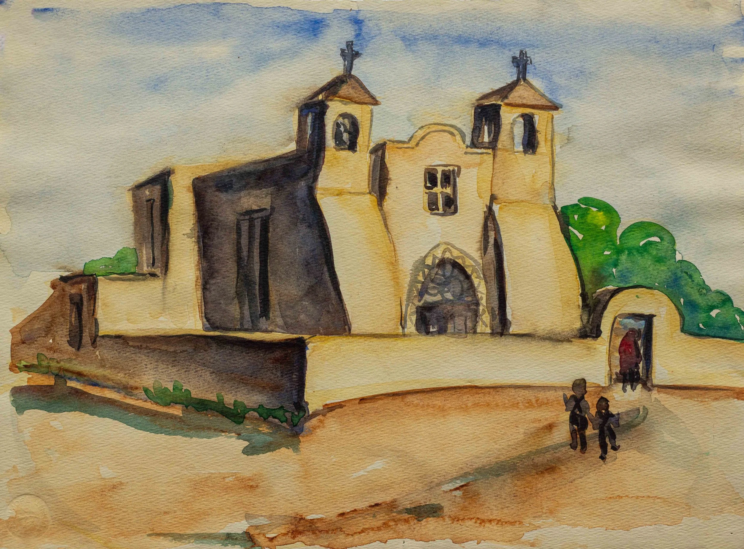 Ranchos de Taos church, NM,
11 x 15",
 Watercolor on paper,
1941