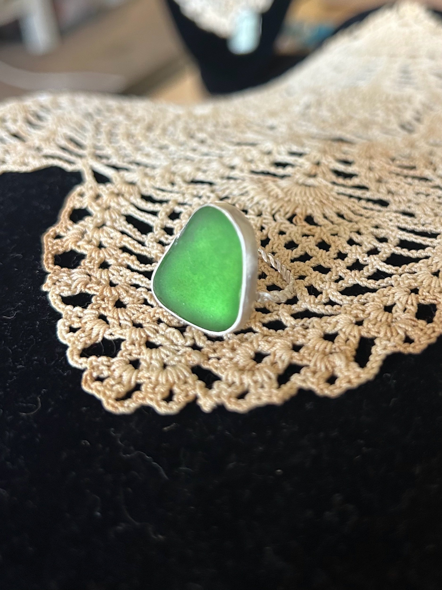 Green Sea Glass Ring / Sterling Silver