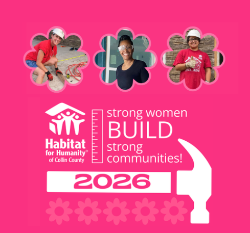 Hot pink box with Habitat of Collin County logo and a hammer and ruler - logo says "Strong Women build strong communities" and 2026 inside the hammer handle