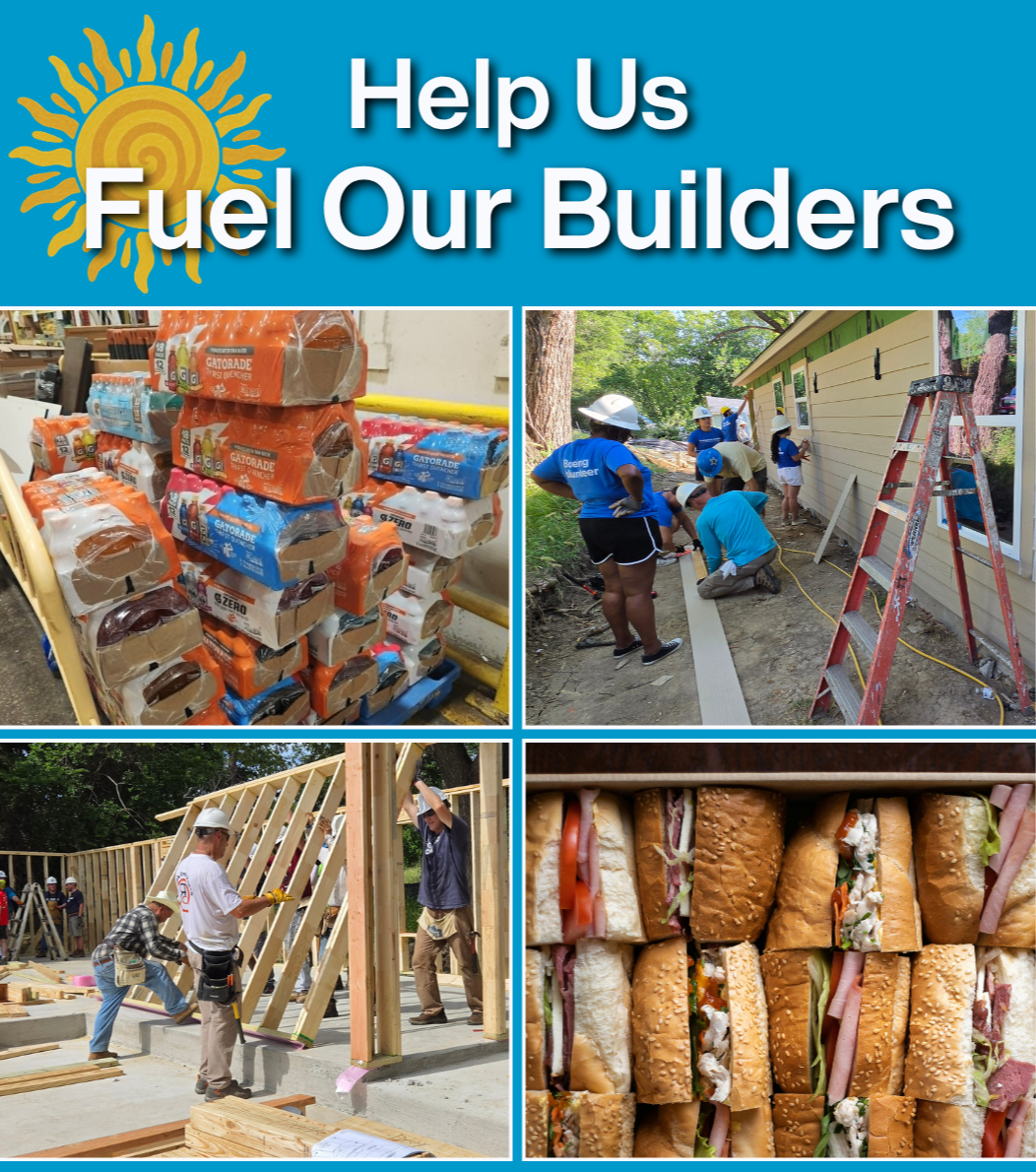graphic of photos of volunteers on build sites and food and drink