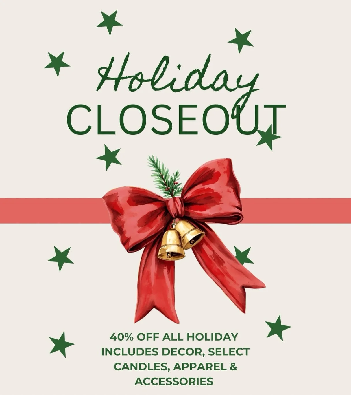 It&rsquo;s the last day to shop with us before the holiday! If you missed it this weekend, our Holiday Closeout is back with 40% OFF ALL holiday. This includes decor, apparel, select candles, and accessories. Shop today from 10AM&ndash;5PM 🎁🎄

IDS 