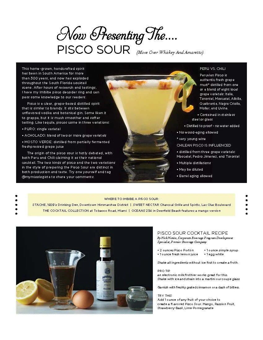 Pisco Sour cocktail recipe and information sheet with images of the drink and ingredients.