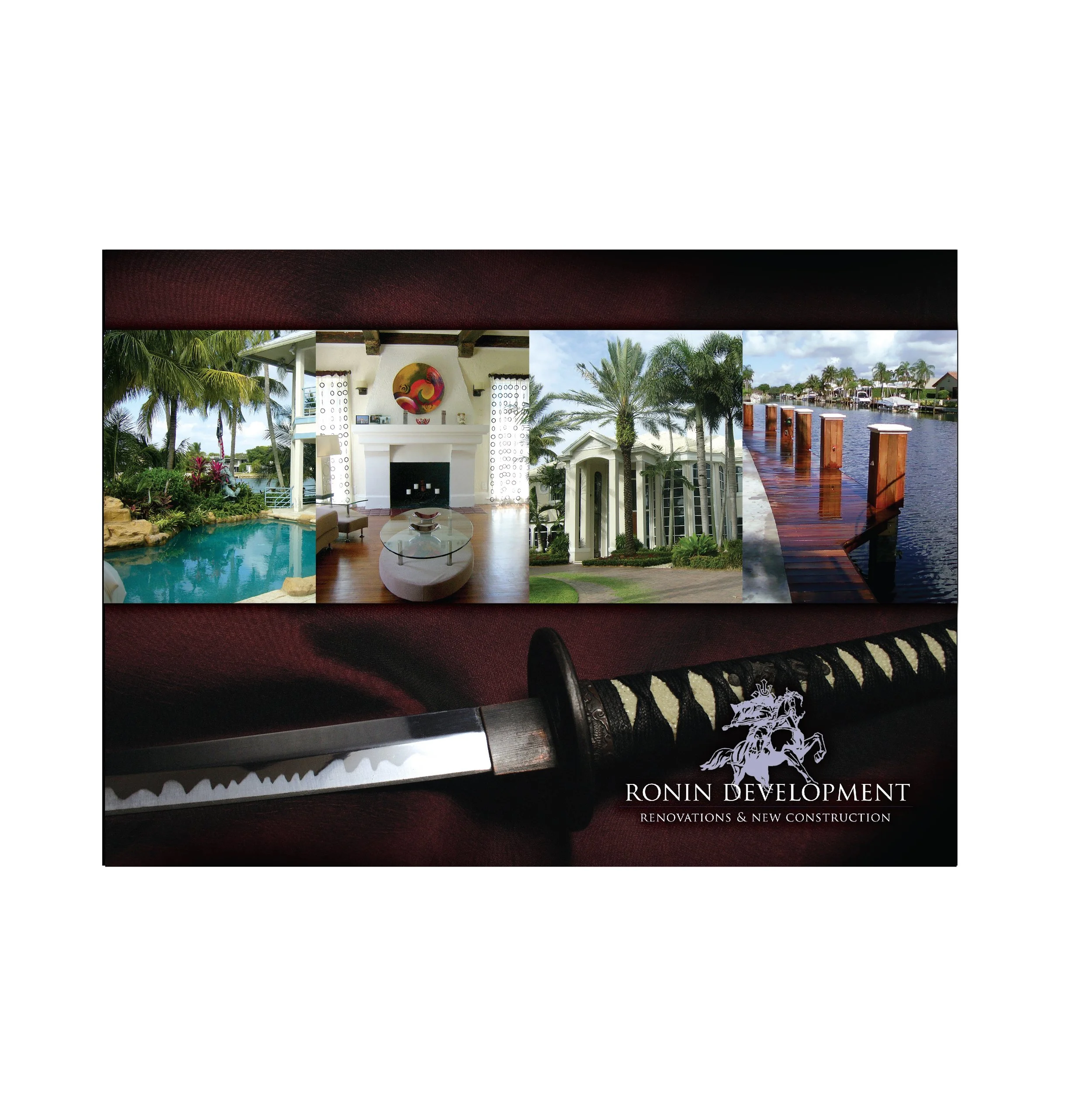 Collage of luxury home, pool, interior, and dock with sword and Ronin Development logo