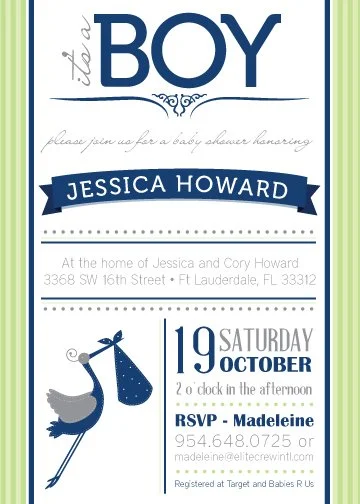 Baby shower invitation for Jessica Howard in blue and white theme with a stork illustration. Event details include date, time, location, RSVP contact, and registry information.