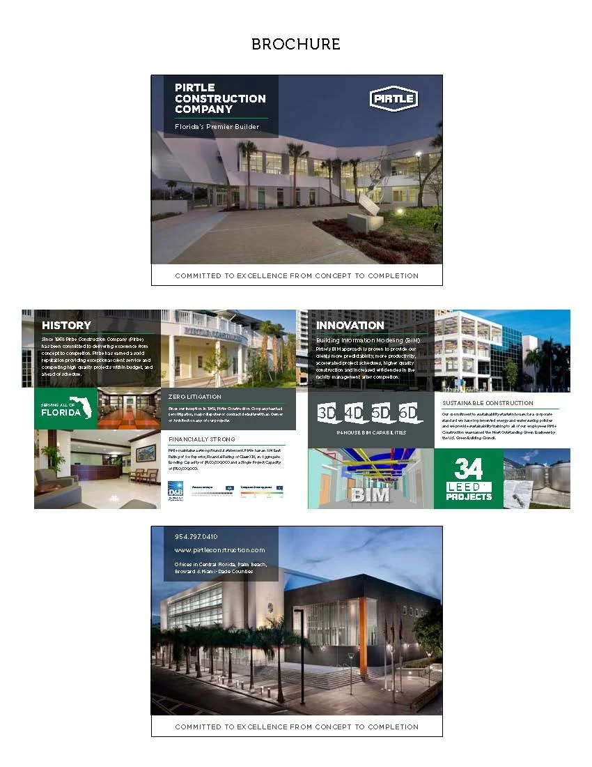 Brochure for Pirtle Construction Company, showcasing their services and projects, including images of buildings, and highlighting innovation and commitment to excellence.