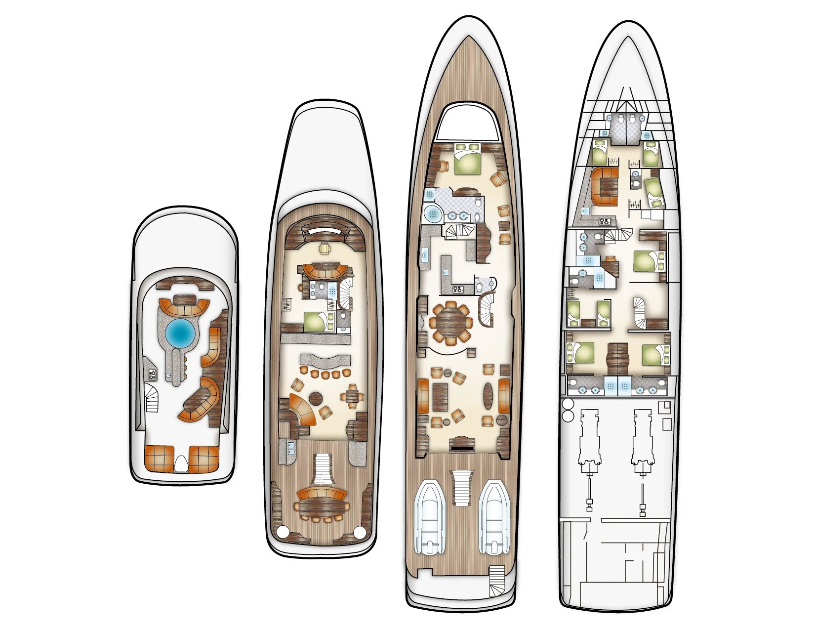 Yacht interior layout with multiple decks including bedrooms, lounge areas, and dining spaces.