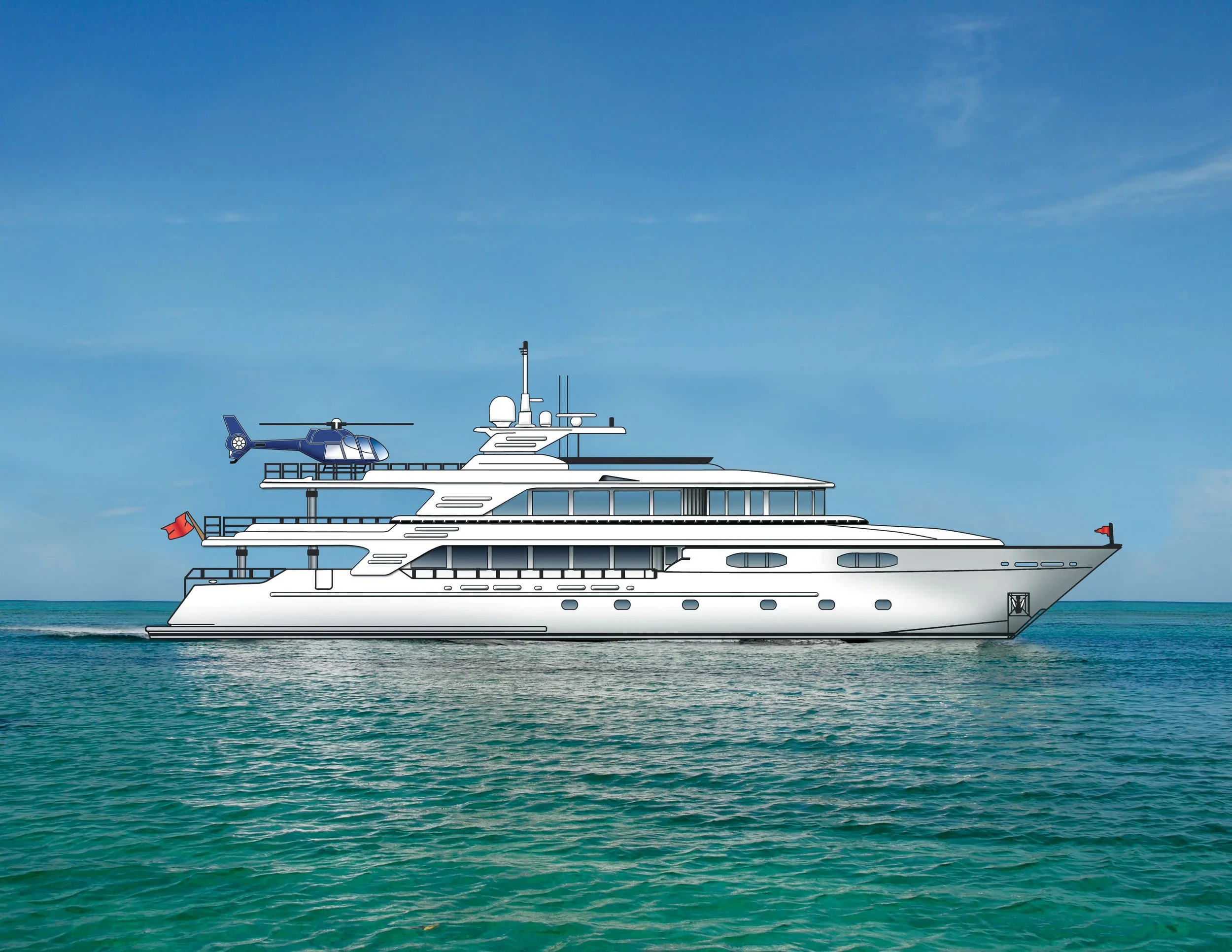 Motor yacht with helipad and helicopter sailing on the ocean under a blue sky.