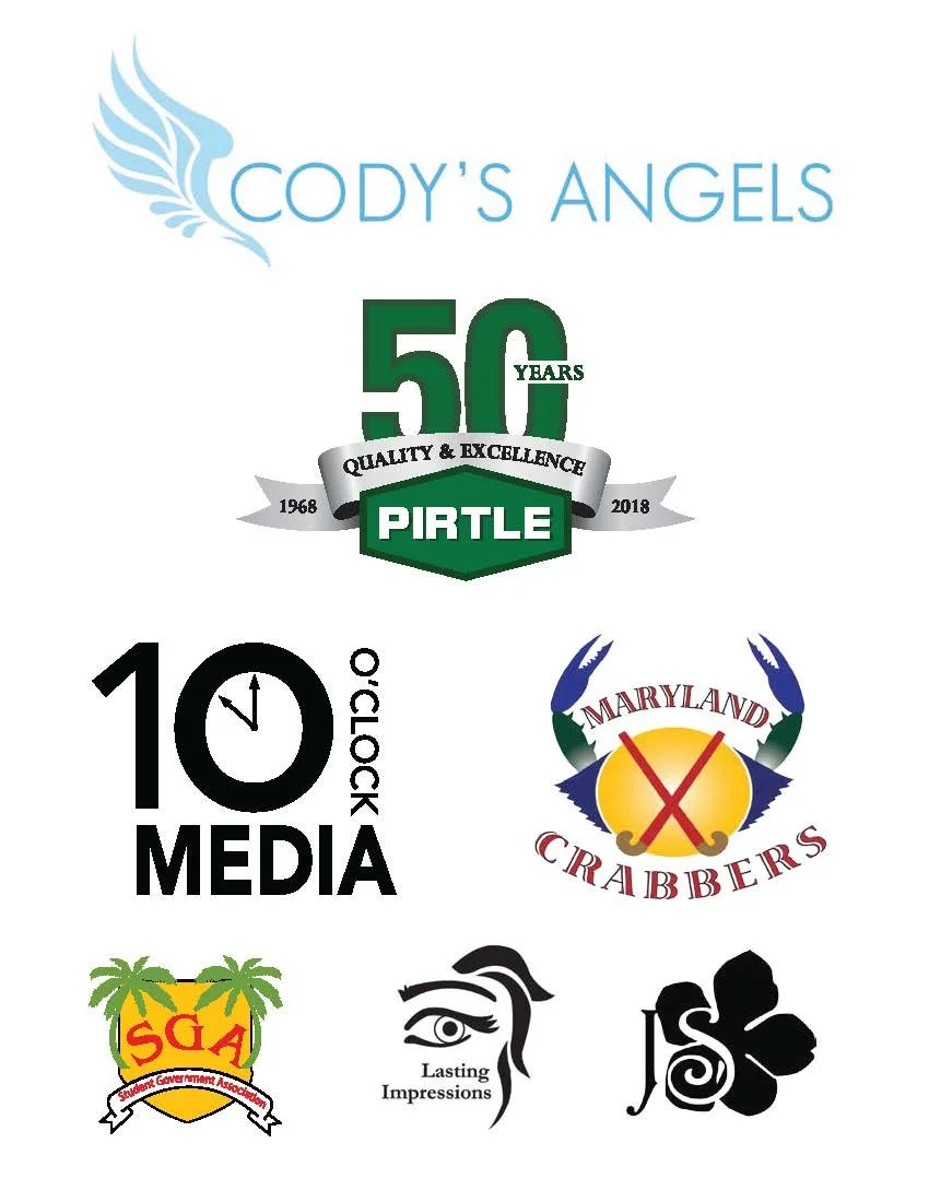 Collage of business logos including Cody's Angels, Pirtle 50th anniversary, 10 O'Clock Media, Maryland Crabbers, SGA, Lasting Impressions, and JS.