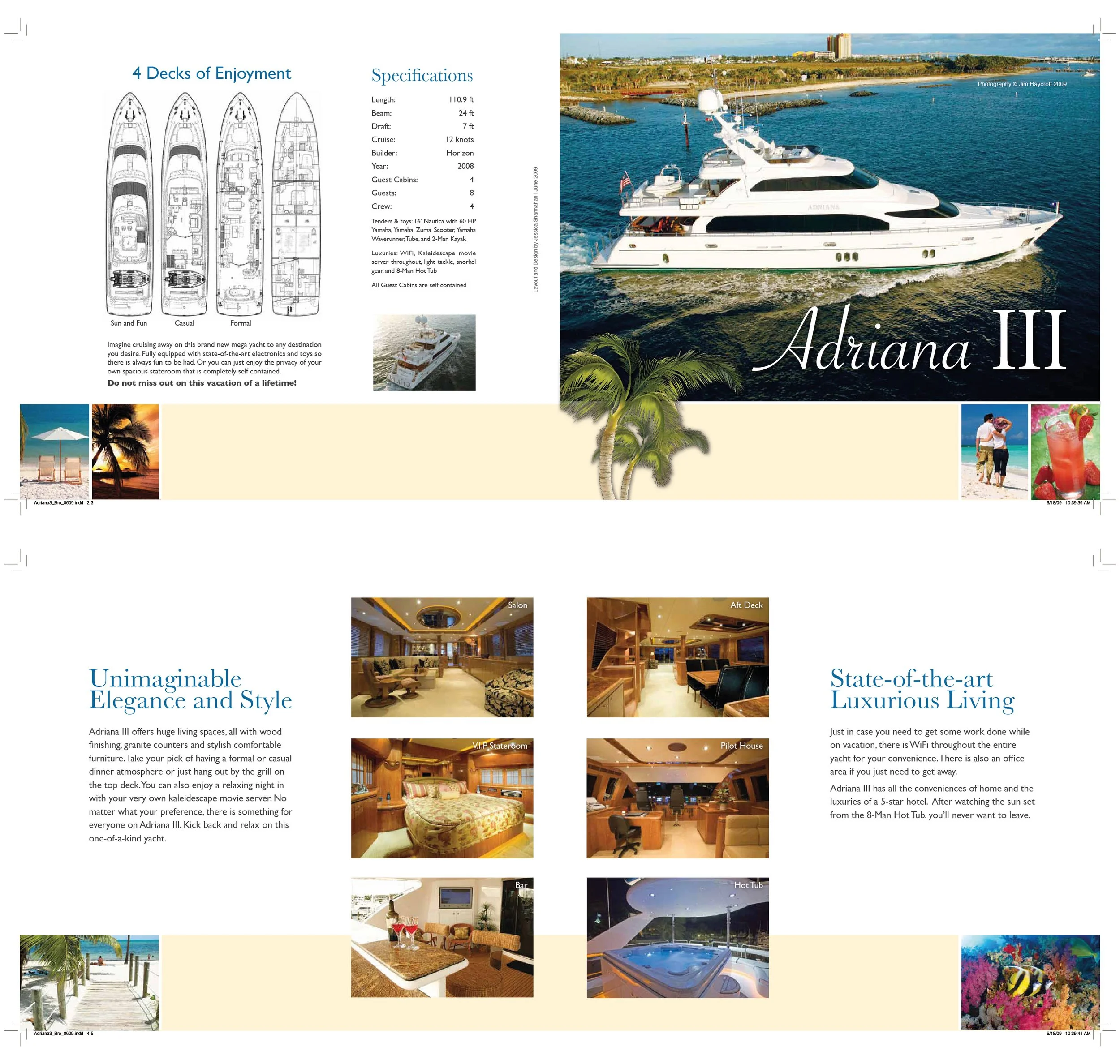 Boat brochure for Adriana III yacht with specifications, luxury features, and images of interiors and exteriors.