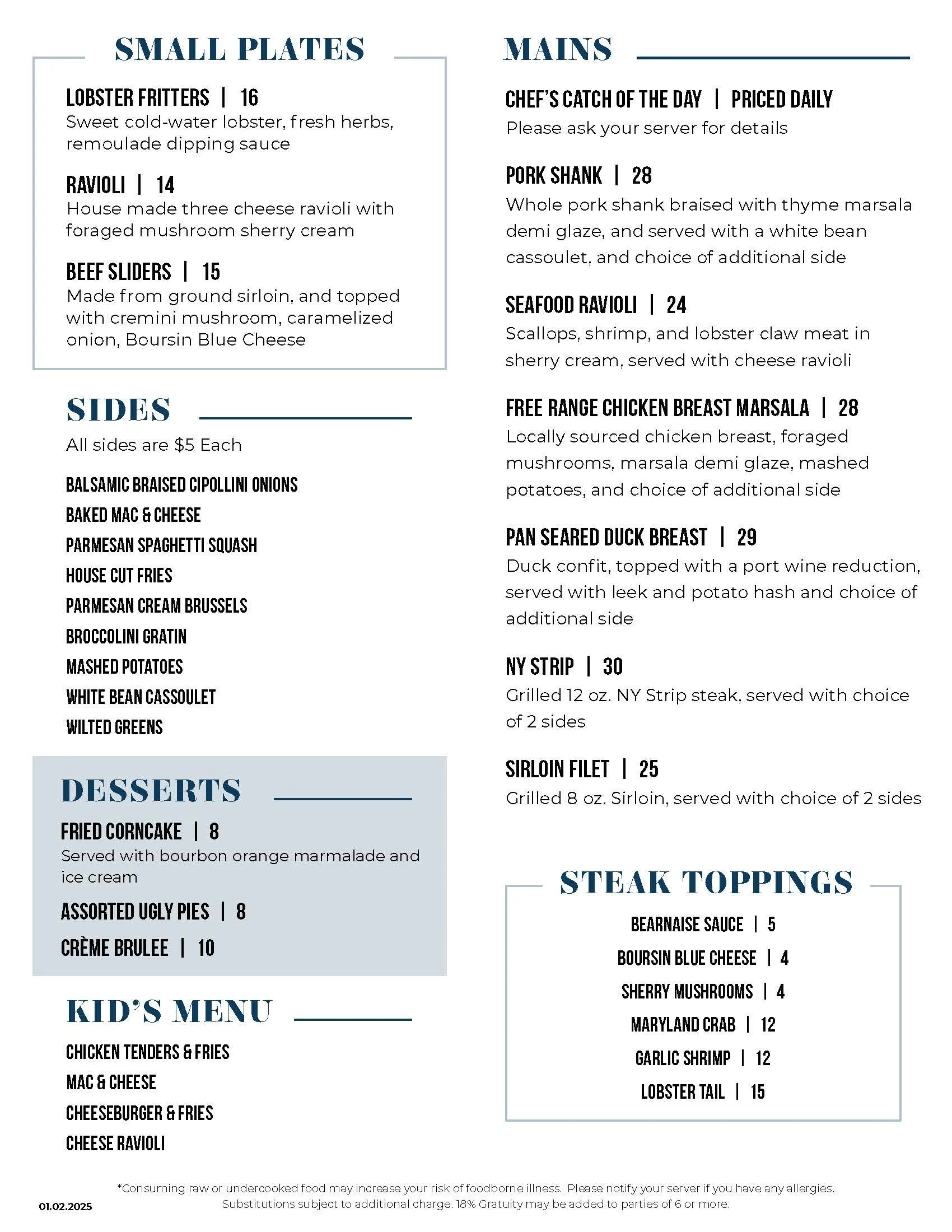 Menu featuring small plates like lobster fritters, mains including pork shank and NY strip, sides such as mac & cheese, desserts like crème brulee, and a kid's menu with chicken tenders. Dated 01.02.2025.