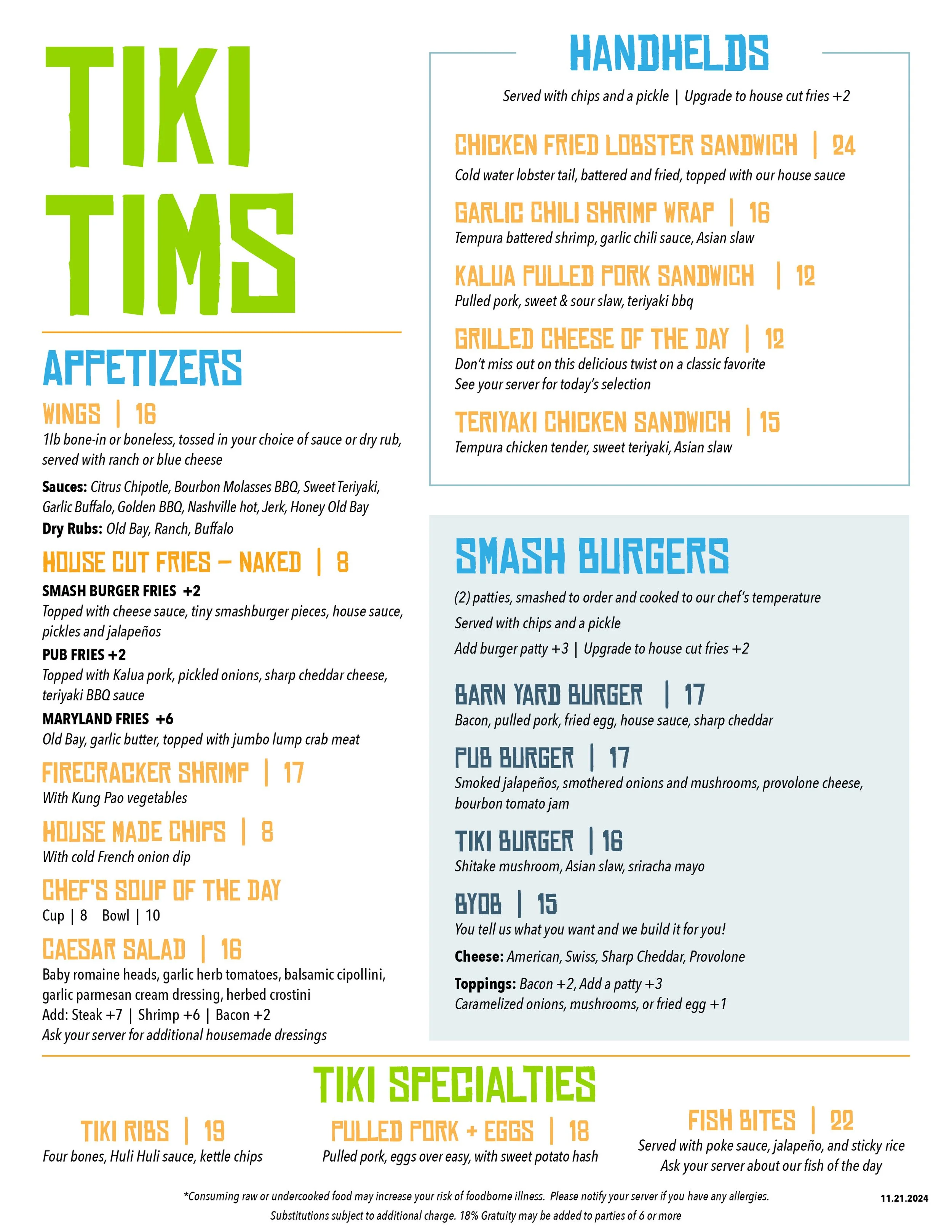 A restaurant menu for Tiki Tims featuring appetizers, handhelds, smash burgers, and tiki specialties. Appetizers include wings, house cut fries, and caesar salad. Handhelds feature chicken fried lobster sandwich and garlic chili shrimp wrap. Smash burgers section lists barn yard burger and pub burger. Tiki specialties include tiki ribs and fish bites.