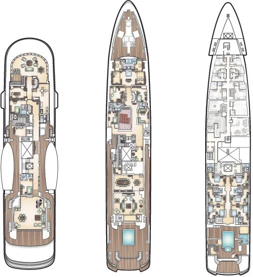 Yacht layout design with three different floor plans depicted.