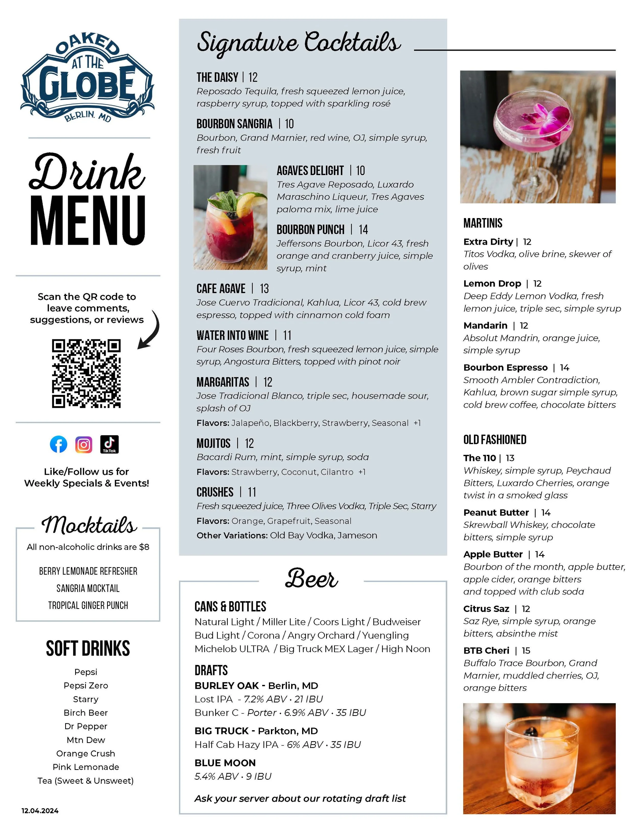 Drink menu featuring signature cocktails, mocktails, soft drinks, and beer options with details and pricing.