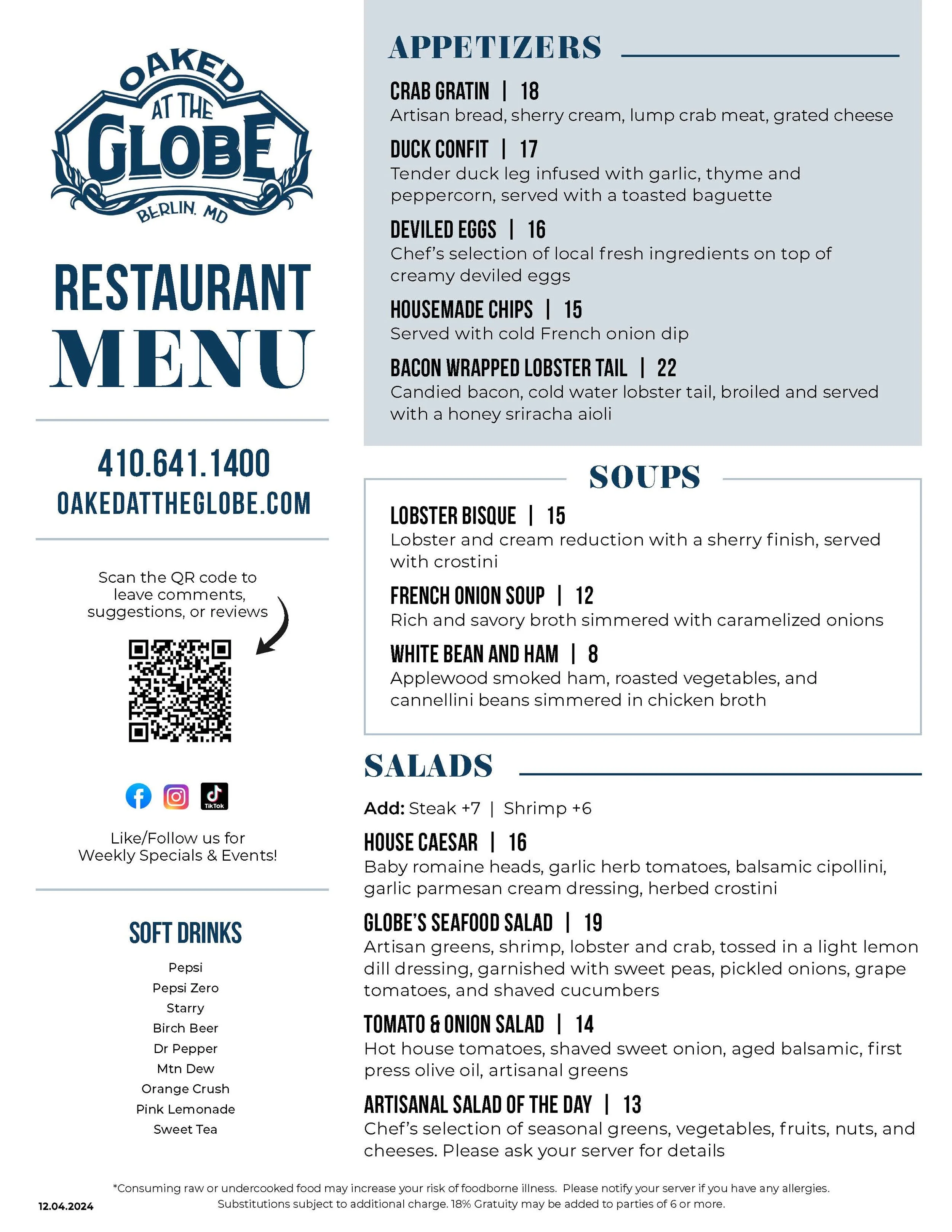 Restaurant menu from Oaked at The Globe in Berlin, MD, listing appetizers, soups, salads, and soft drinks. Includes contact information and social media icons.