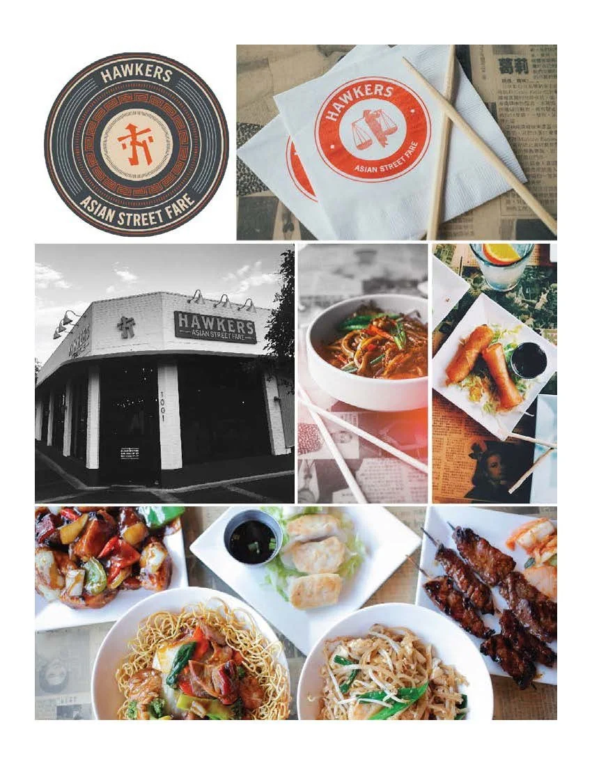Collage of Hawkers Asian Street Fare, including logo, napkins with chopsticks, restaurant exterior, and various Asian dishes like noodles, dumplings, and skewers.