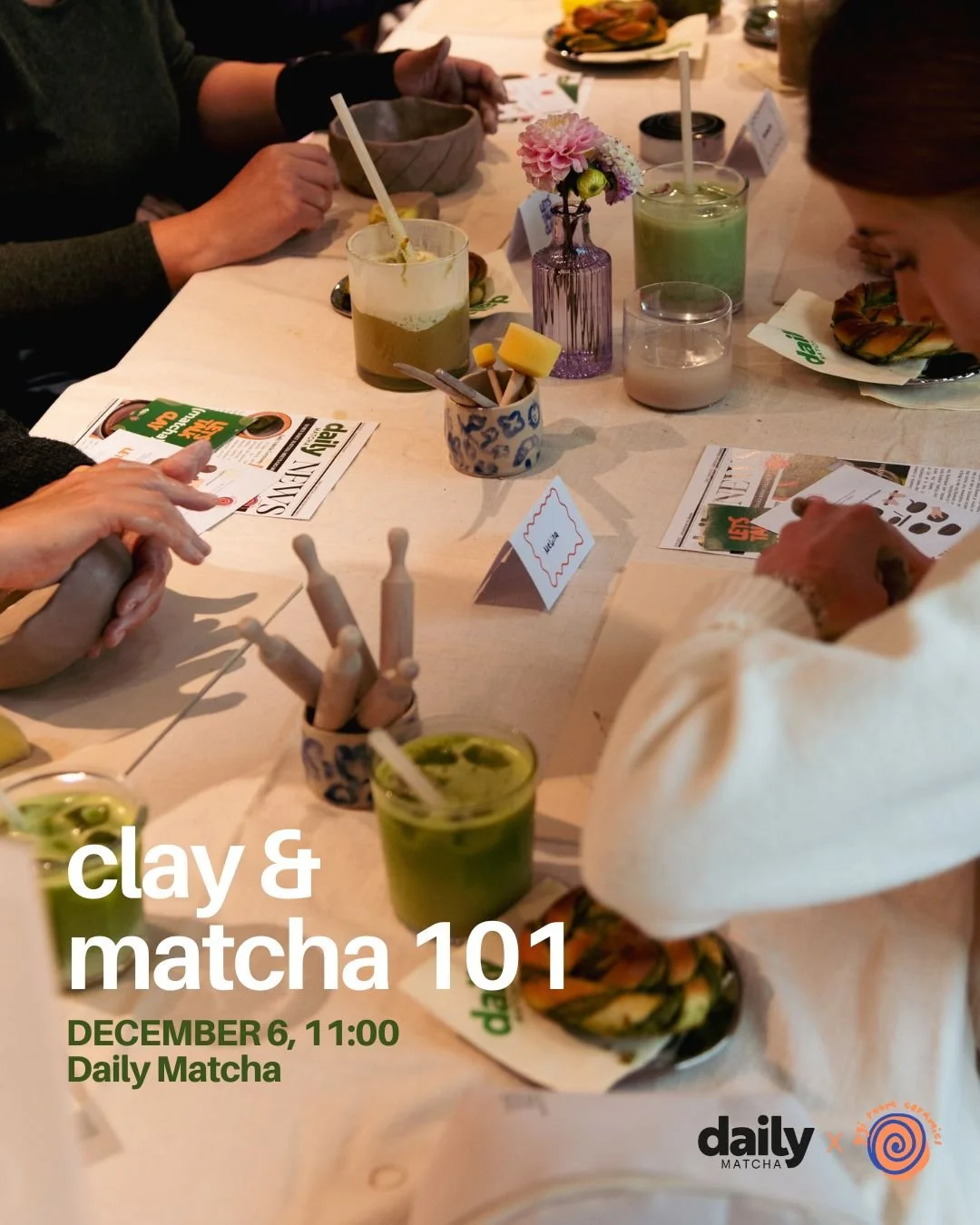 People sitting at a table with matcha drinks, a vase with flowers, and various dishes during a meetup or event.