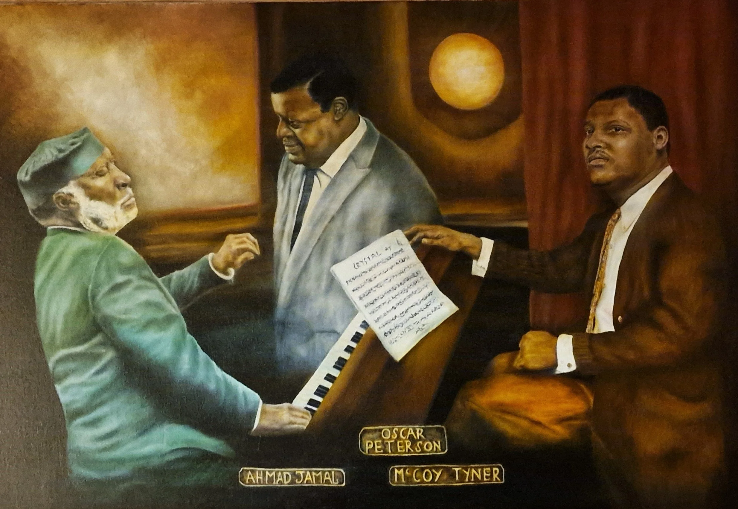he Jazz Players — commissioned oil on linen canvas portrait of three jazz musicians by Carl Aiden Brown, AidenMay Creative London, 2025