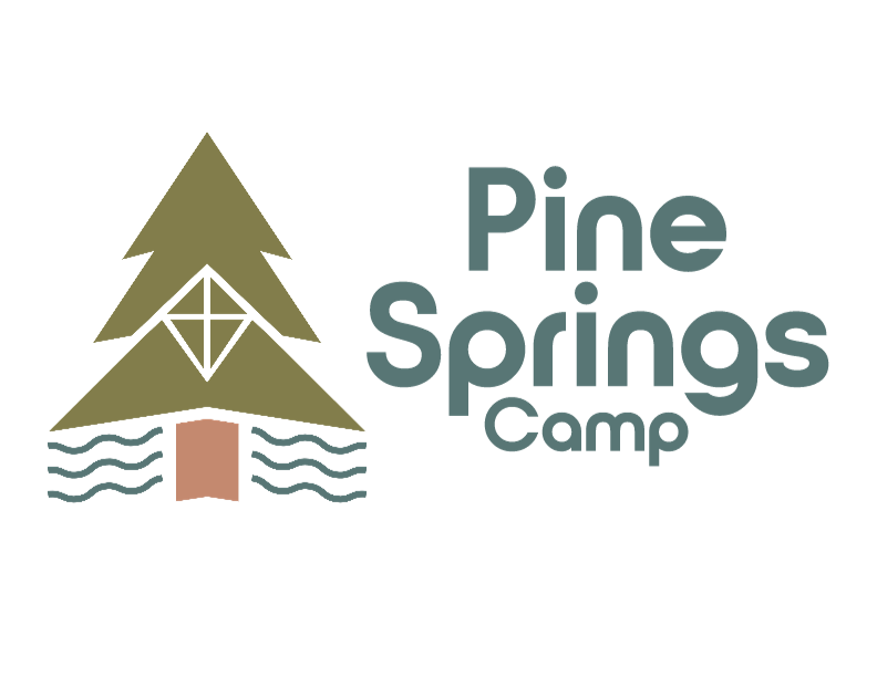 Logo with stylized tree and wavy lines next to text "Pine Springs Camp".