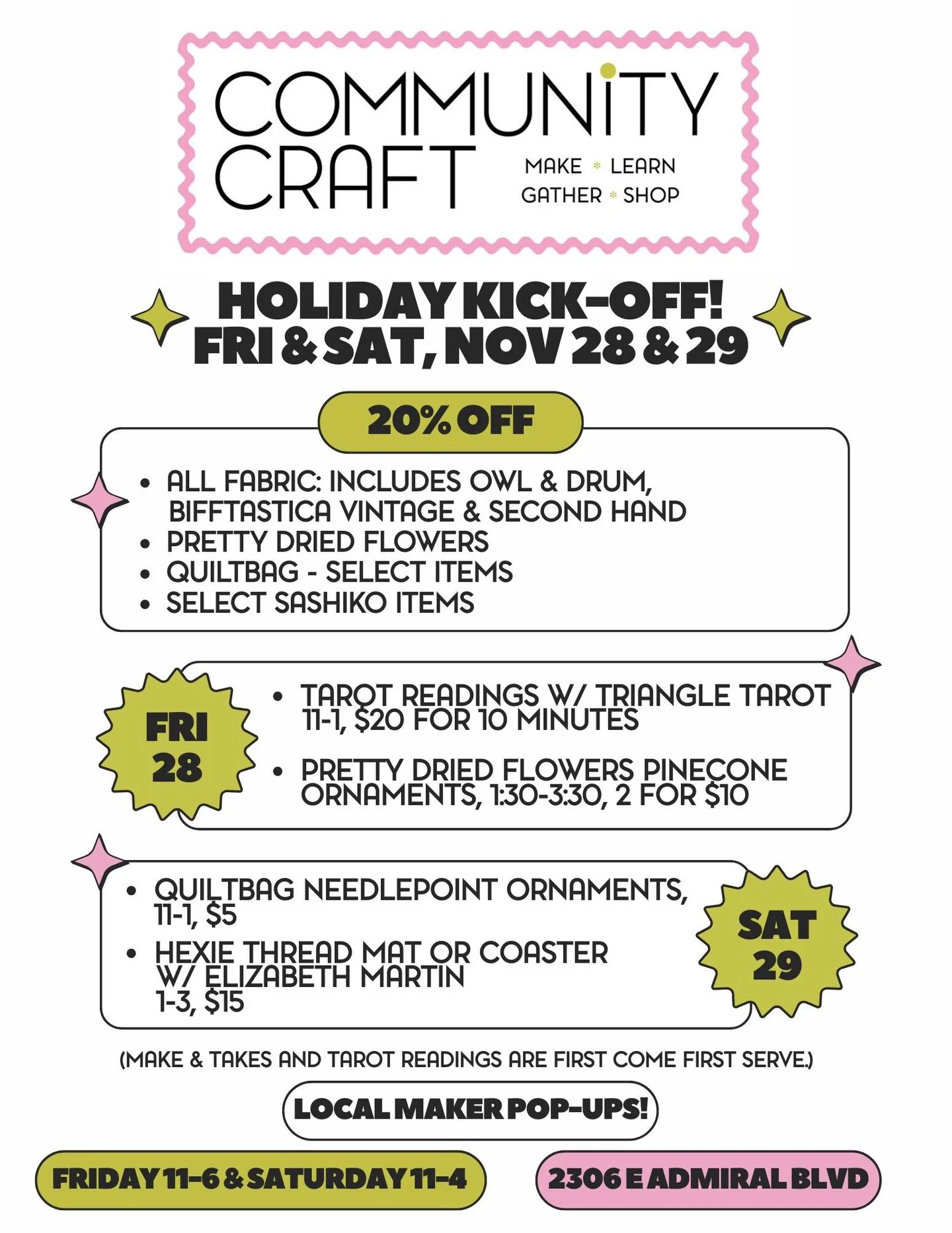 We&rsquo;ve got all sorts of good stuff going on this Friday &amp; Saturday!! Make &amp; Takes with @prettydriedflowersok, @quiltbag.shop and @eburkmartin.
Expert Tarot readings with Heather of Triangle Tarot, local maker Pop-Ups with @morelfiberarts