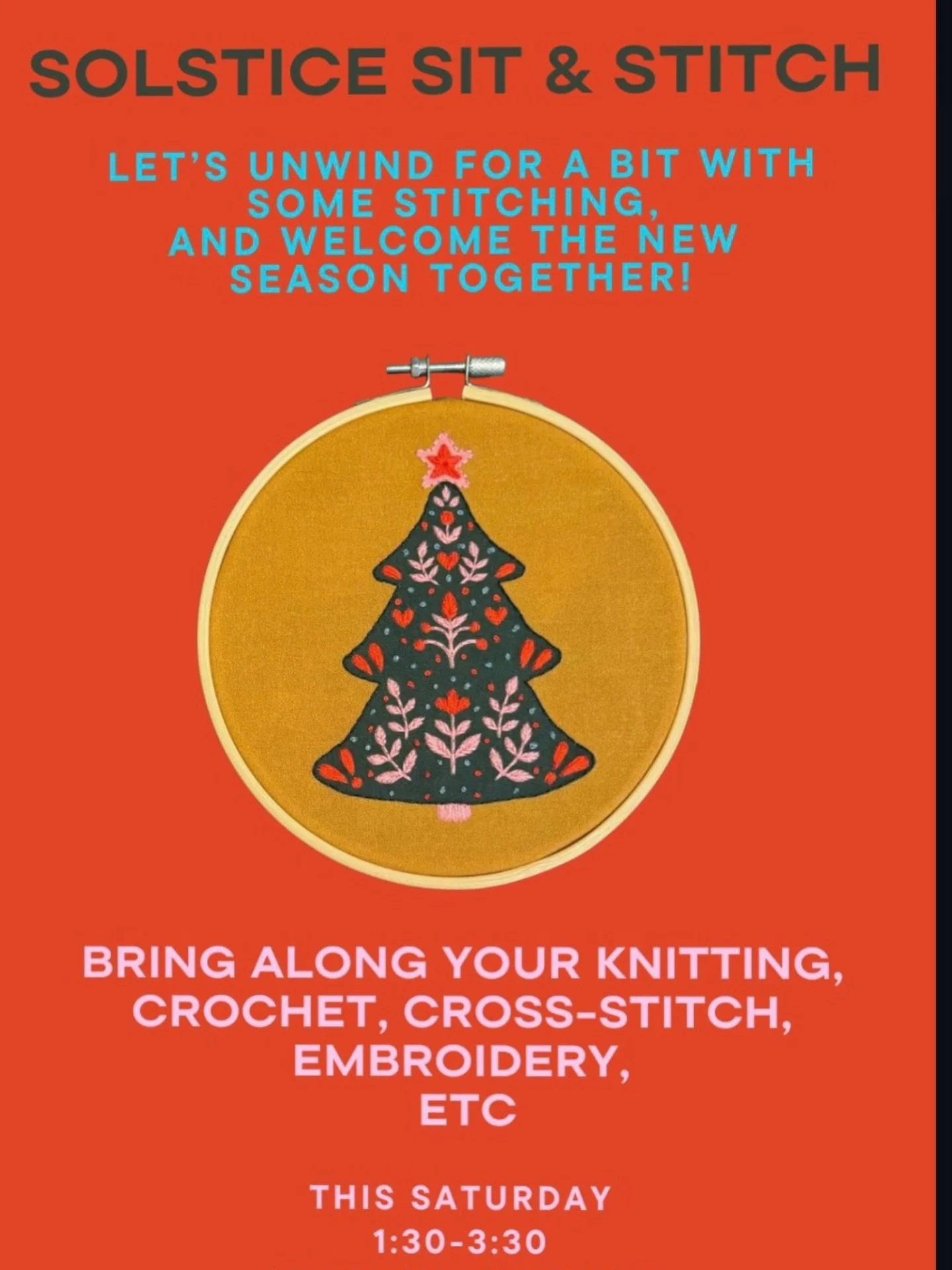We would love to slow down and sit &amp; stitch with you to mark the Winter Solstice this weekend! If possible, please take a break from the hubbub, and join us from 1:30-3:30 this Saturday 12/20. We&rsquo;ll have cocoa, hot tea &amp; cookies, and lo