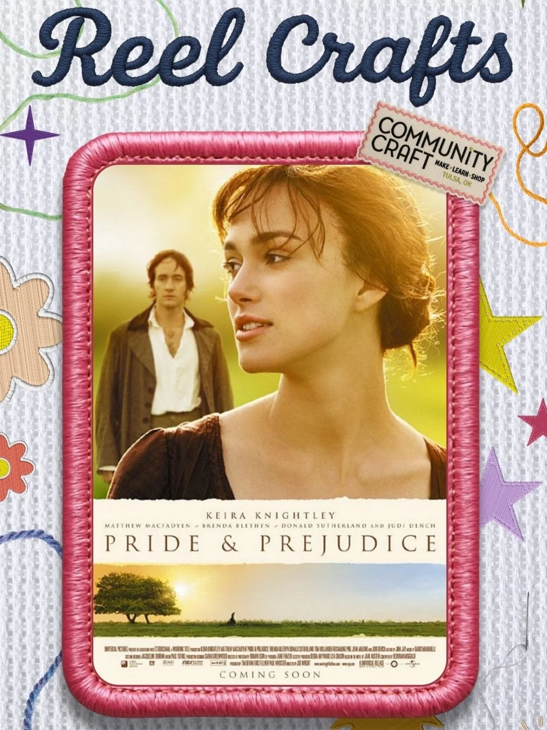 Jane Austen&rsquo;s Pride &amp; Prejudice (2005) at @circlecinema Wednesday March 11th, pop-up shop at 6:30, with a special embroidery kit by @owlanddrum needle 🪡 

Door prizes and show starts at 7:00!

Reel Crafts is the craft-friendly film series 