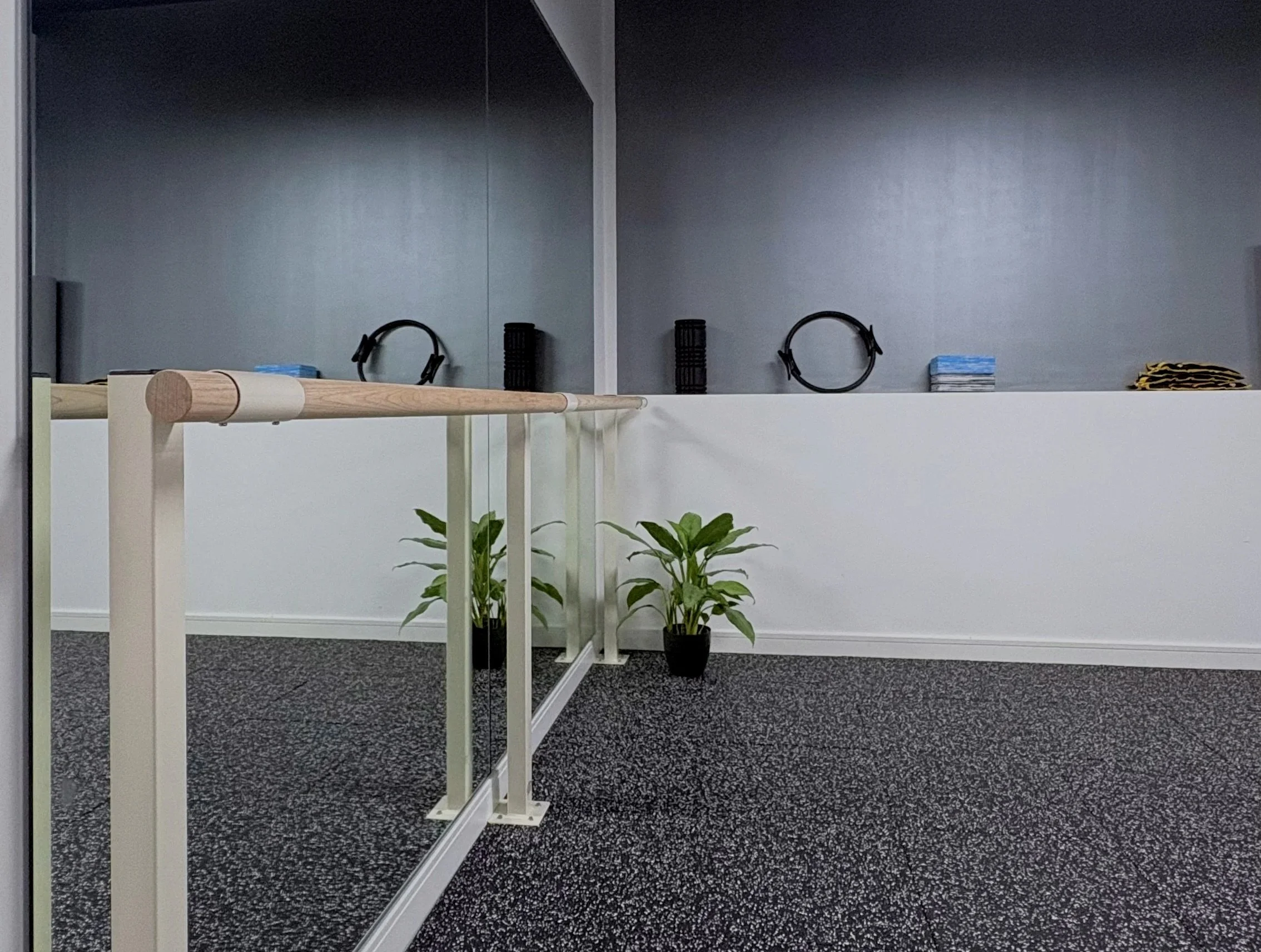 Private hire gym space with open area for pilates and yoga and barre for exercising.