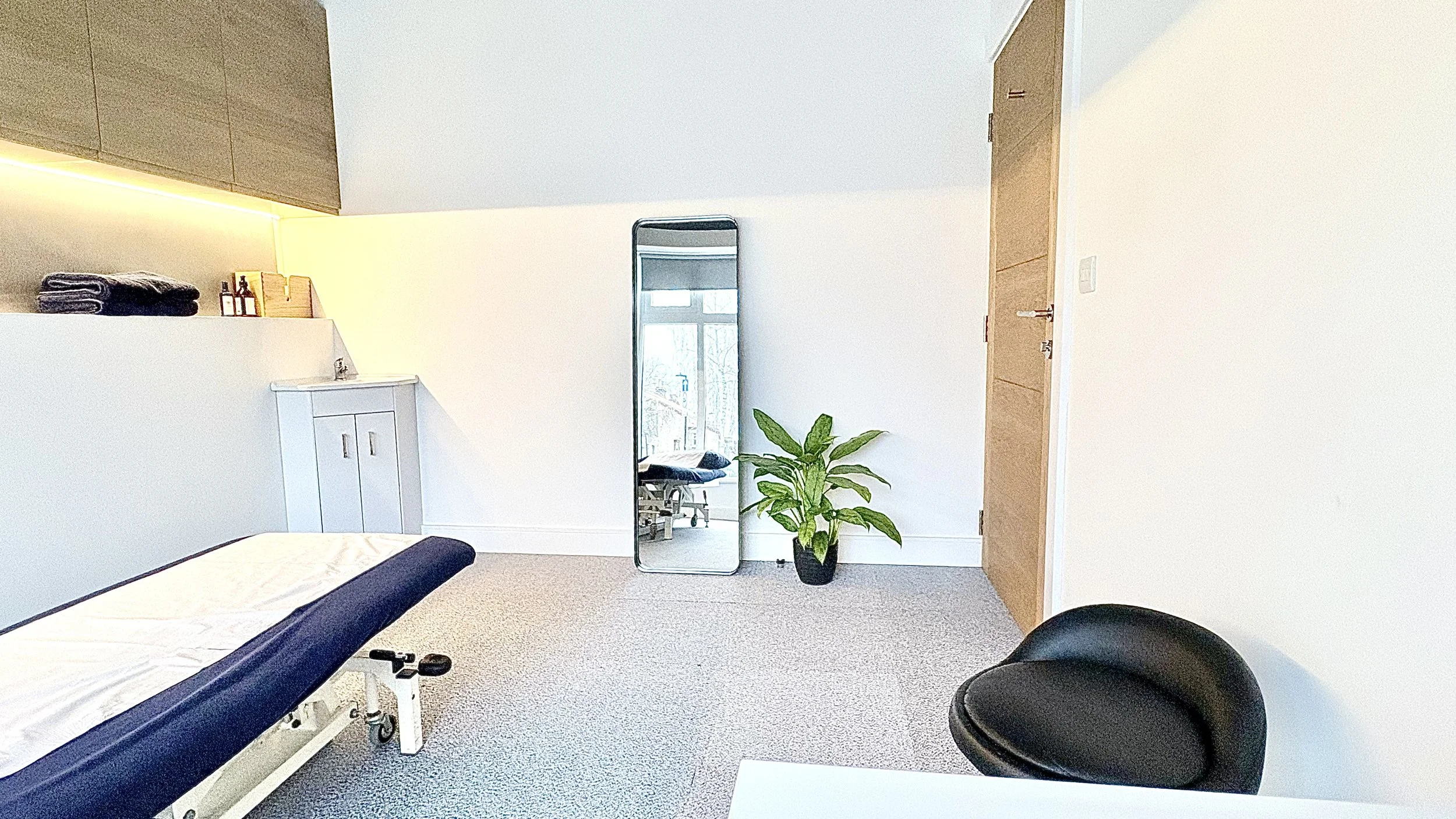 A therapy room featuring height-adjustable treatment plinth, work desk and chair, a large potted green plant, a full-length mirror and a window with natural light.