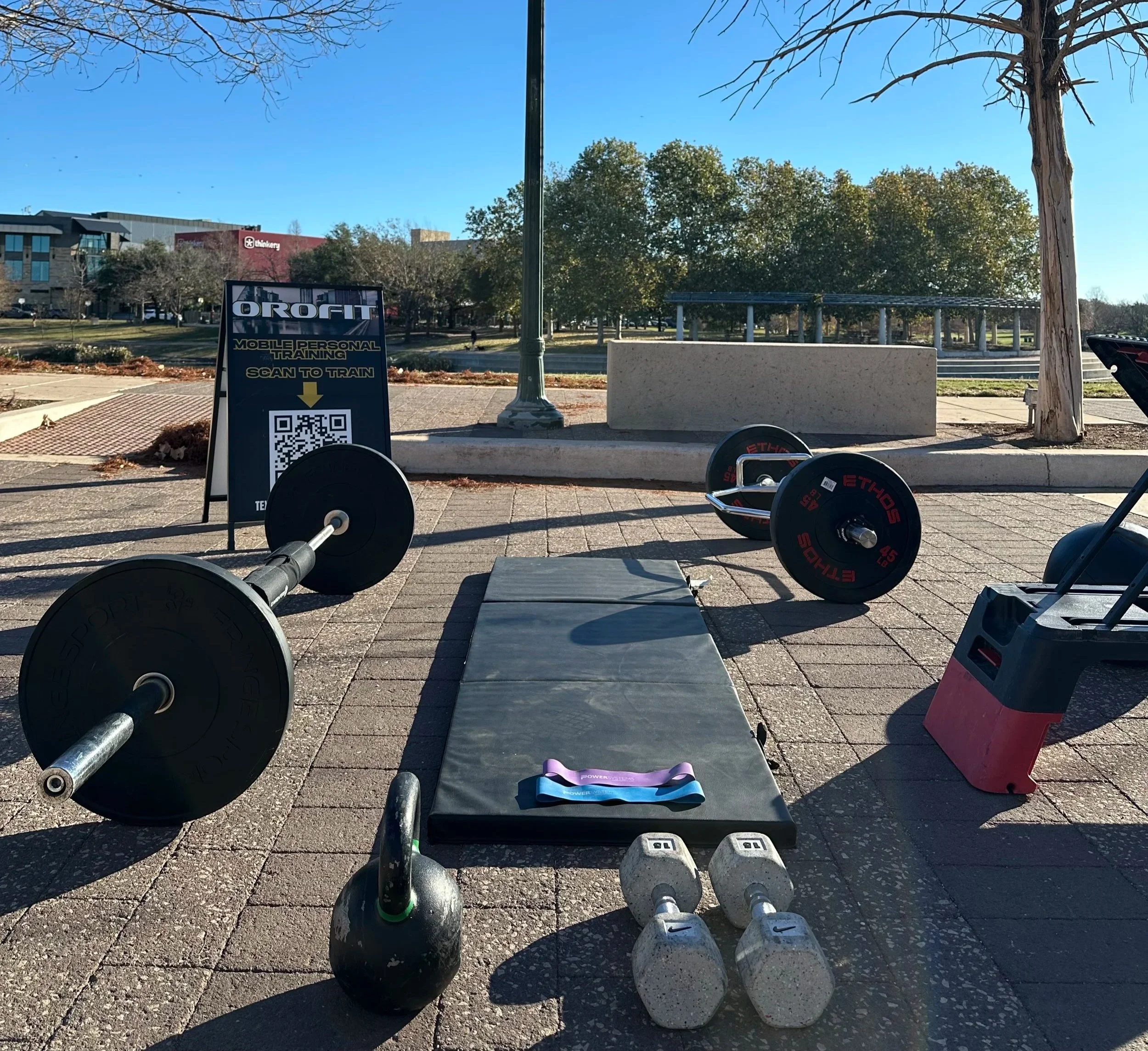 Mobile personal training equipment setup at Mueller Park in Austin Texas by Orofit Mobile Training.