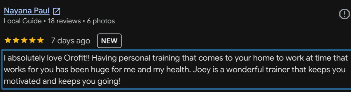Google review from an OROFIT Mobile Training client in Austin praising personal trainer Joey.