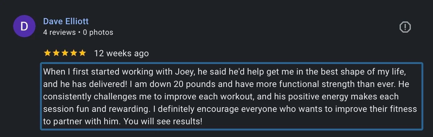 5-star Google review for Orofit Mobile Training from an Austin client praising the convenience, professionalism, and results of mobile personal training.