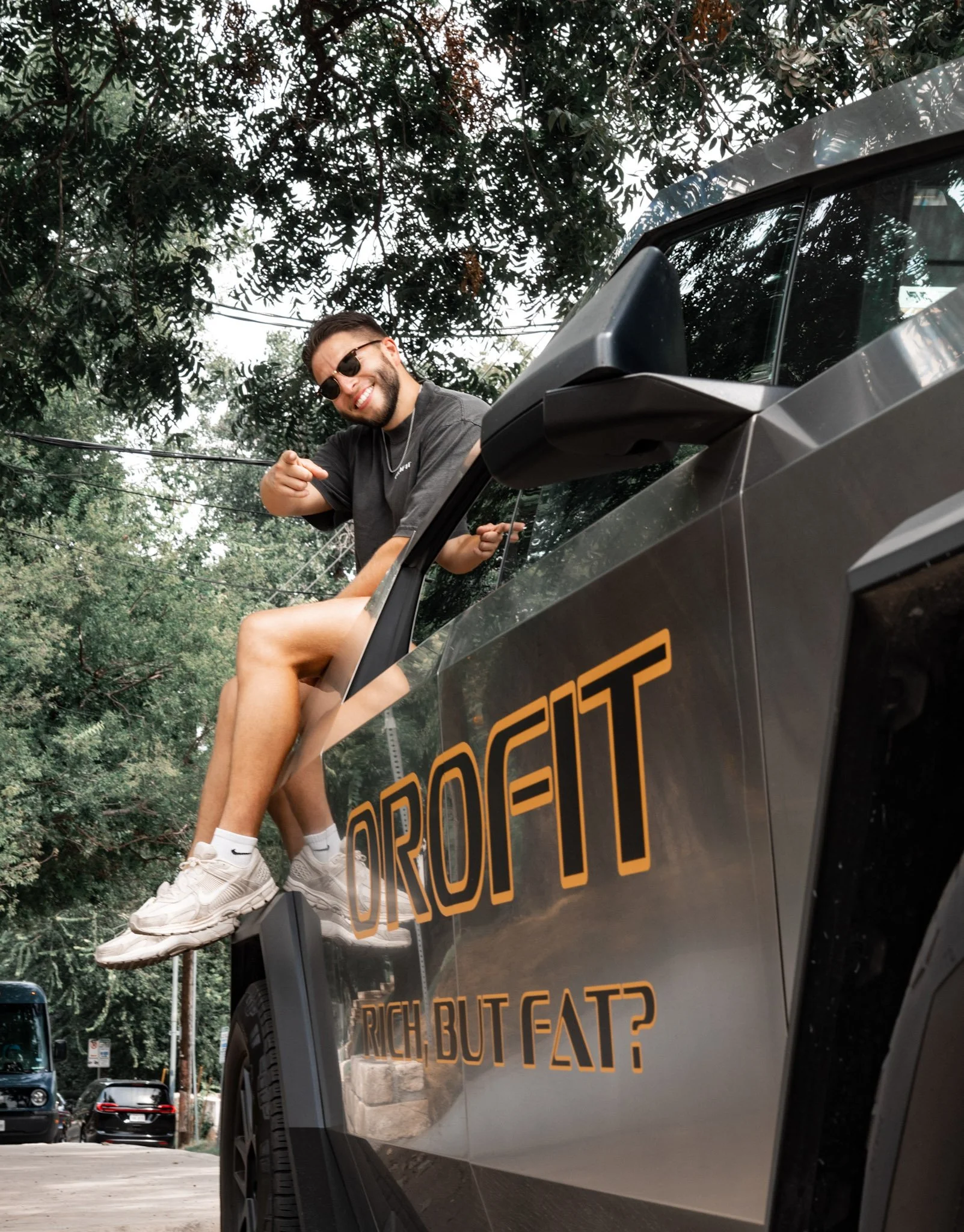 Joey Munoz with the Orofit Mobile Training Cybertruck in Austin, Texas.