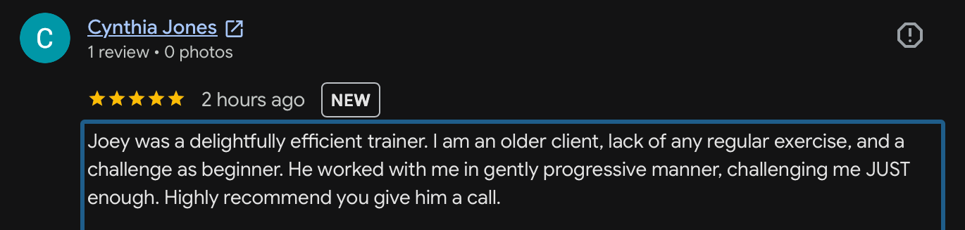 Verified 5-star Google review highlighting Orofit Mobile Training's patient coaching, beginner-friendly workouts, and personalized in-home personal training for older adults in Austin.