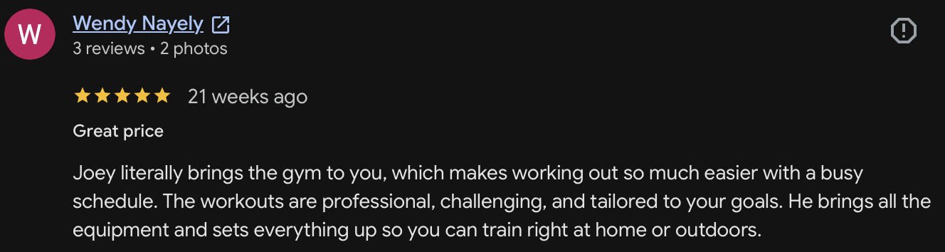Verified 5-star review for Orofit Mobile Training highlighting flexible scheduling, expert coaching, and the convenience of training at home in Austin.