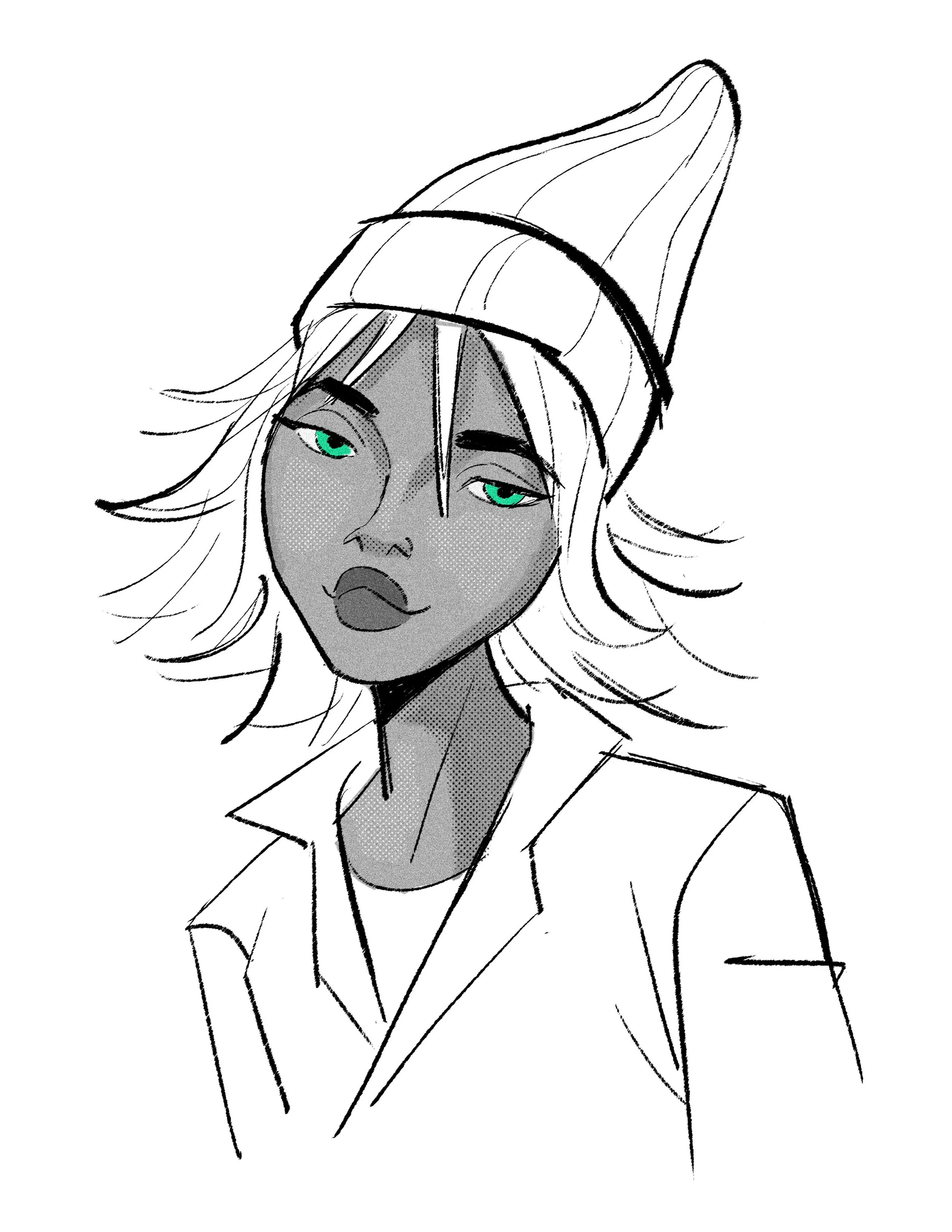 A black and white line drawing of a woman with medium-length hair, wearing a blazer and a hat, with teal-colored eyes.