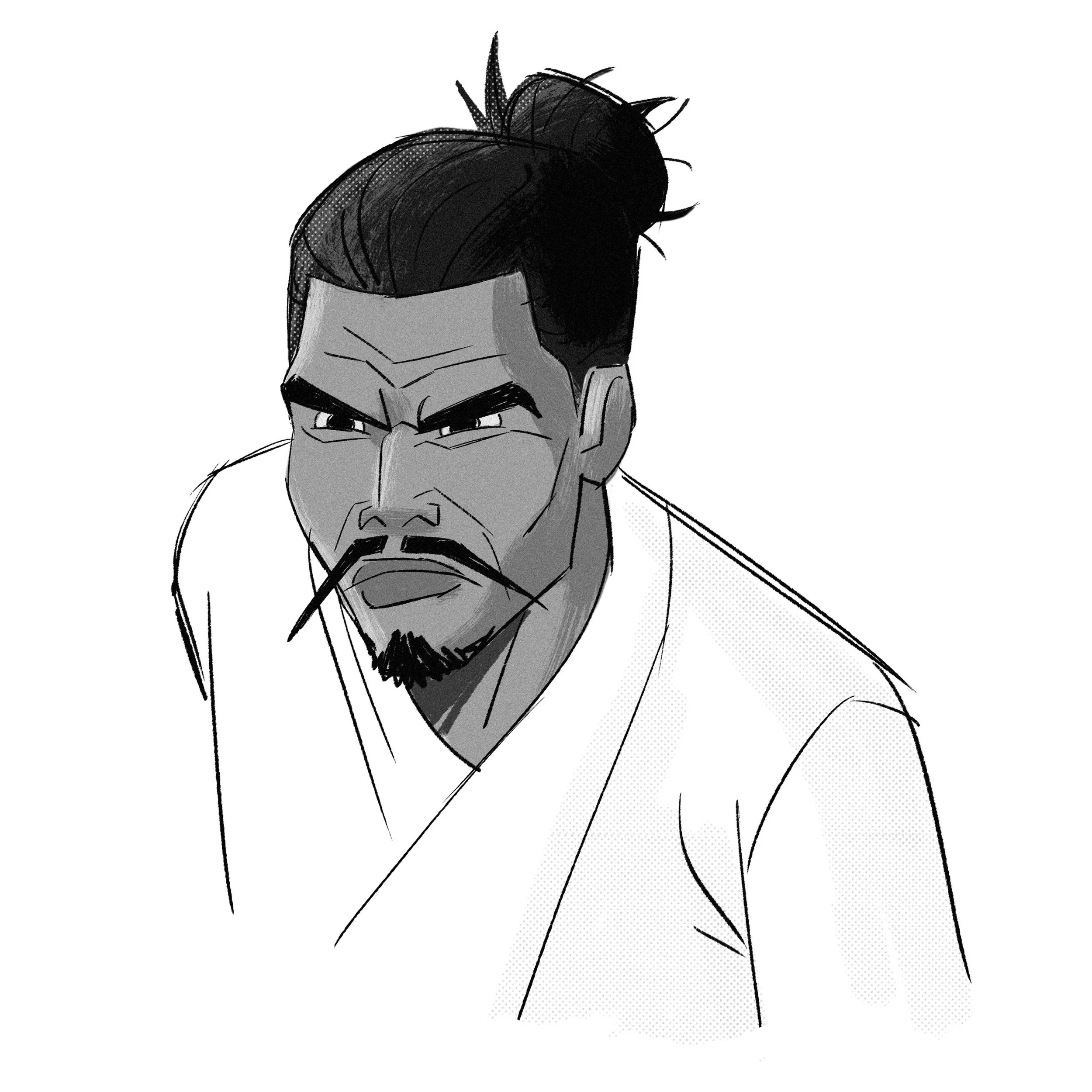 A black and white hand-drawn illustration of a person's face showing serious expression, with sharp eyebrows, short hair with spikes, and a beard, wearing a collared shirt.