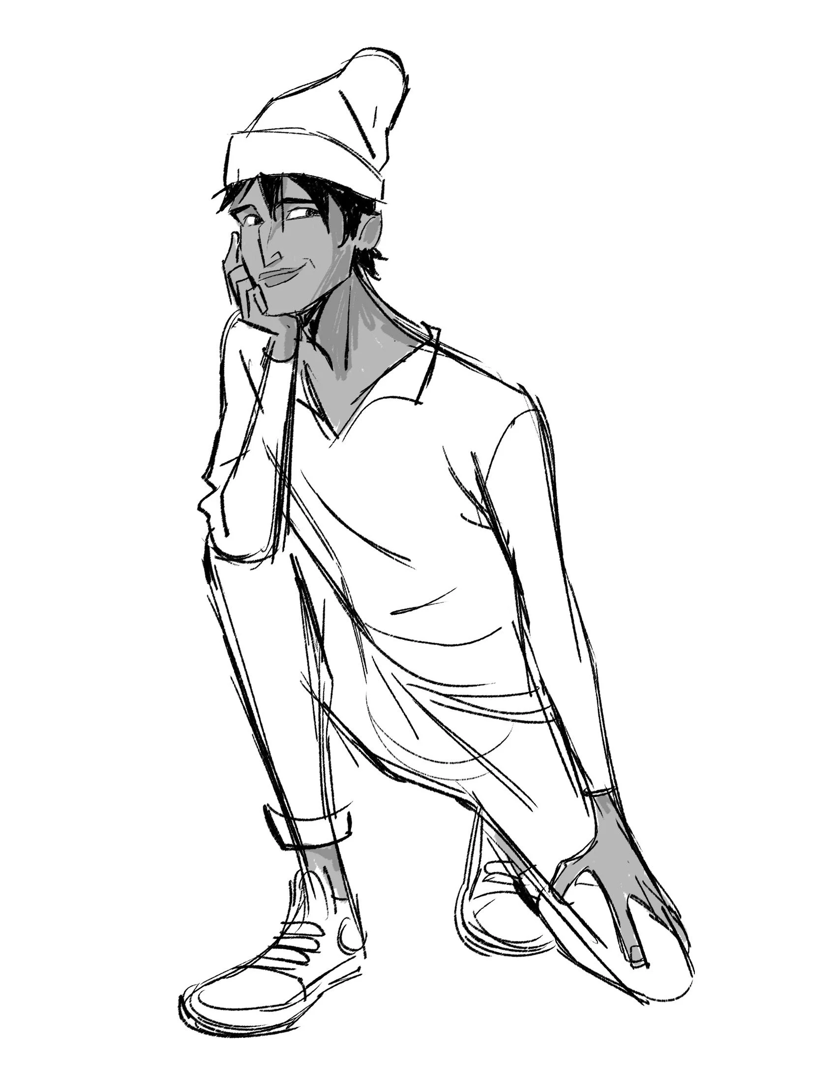 A black-and-white sketch of a young man wearing a hat, t-shirt, and sneakers, holding a skateboard and standing in a relaxed pose.